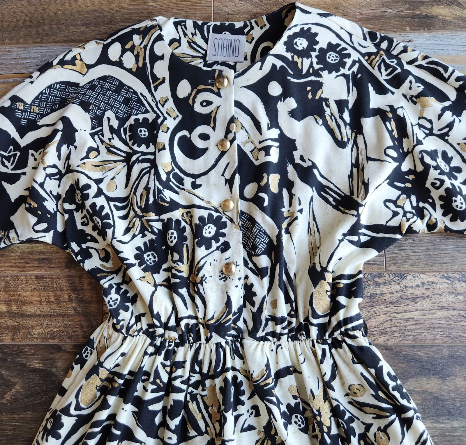 Vintage Sabino Made in USA Midi Dress Long Sleeve Geo-Printed Black Beige Sz.10 - Thumbnail 8