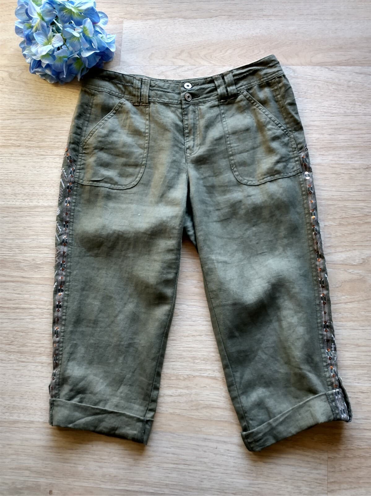 International Concepts Women 100%Linen Embroidered Crop Pants Olive Green Sz.4 - Thumbnail 2