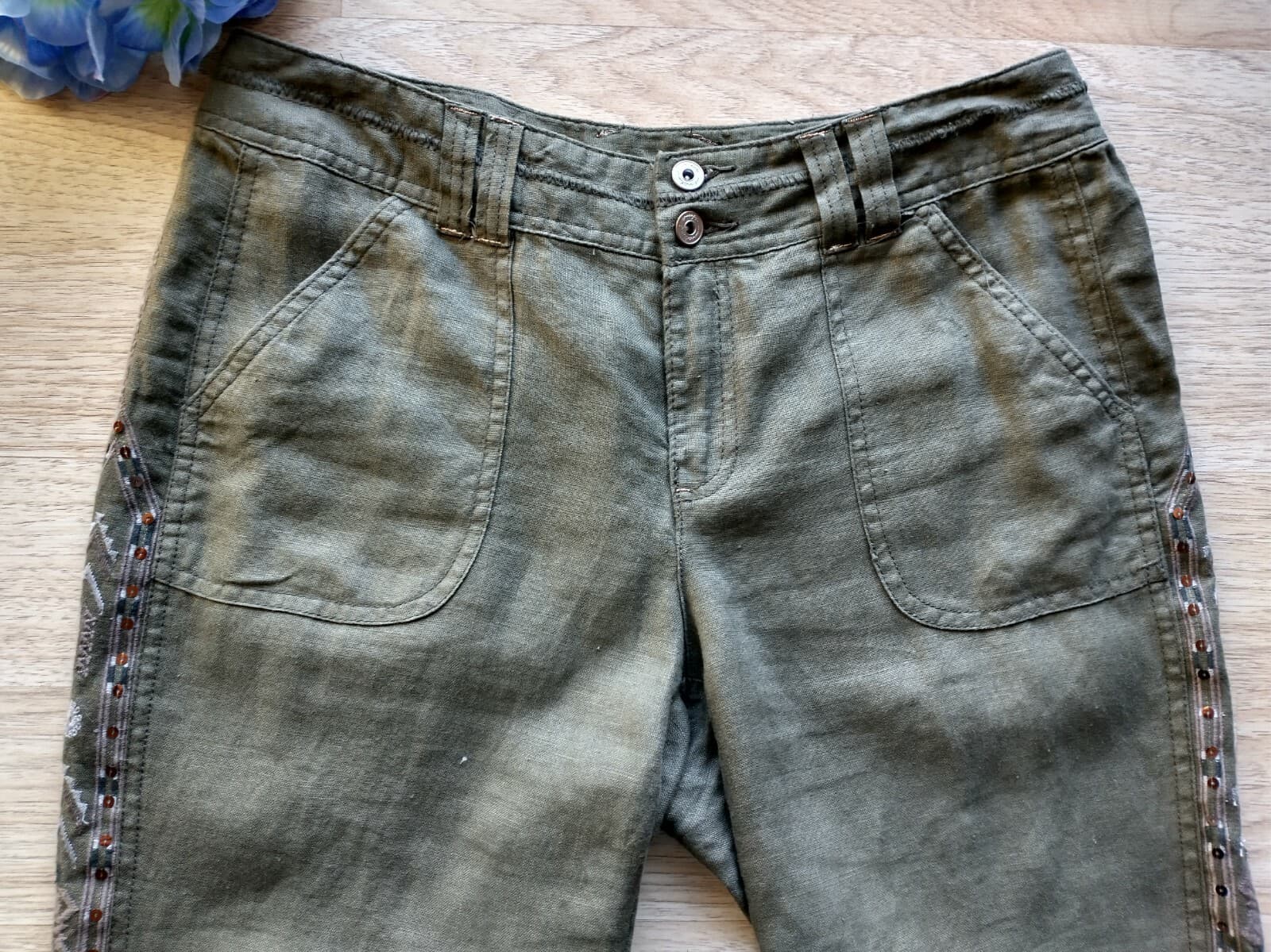 International Concepts Women 100%Linen Embroidered Crop Pants Olive Green Sz.4 - Thumbnail 5