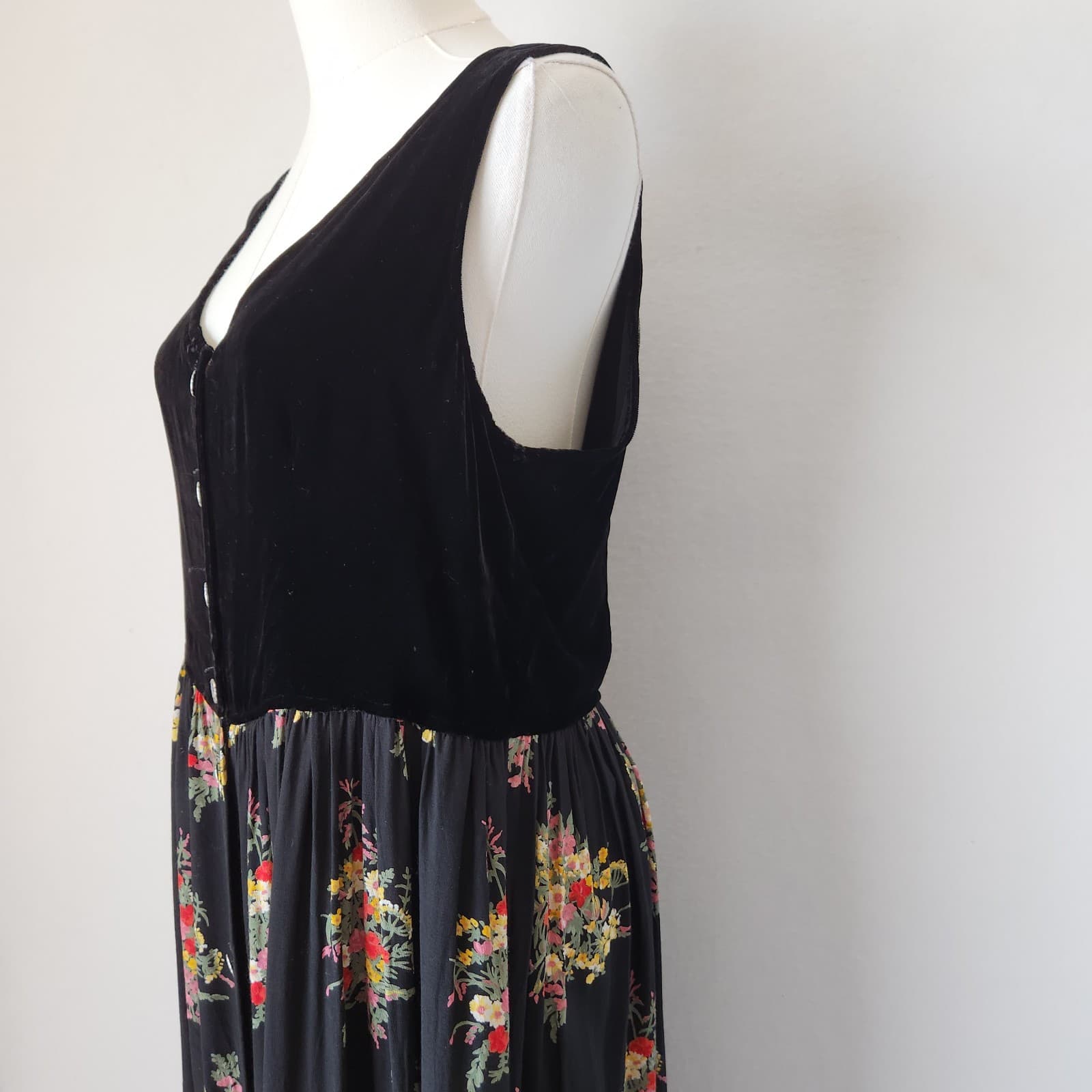 Vintage Loco Lindo Floral Velvet Cottagecore Maxi Dress Silk Rayon Black Sz.M - Thumbnail 5