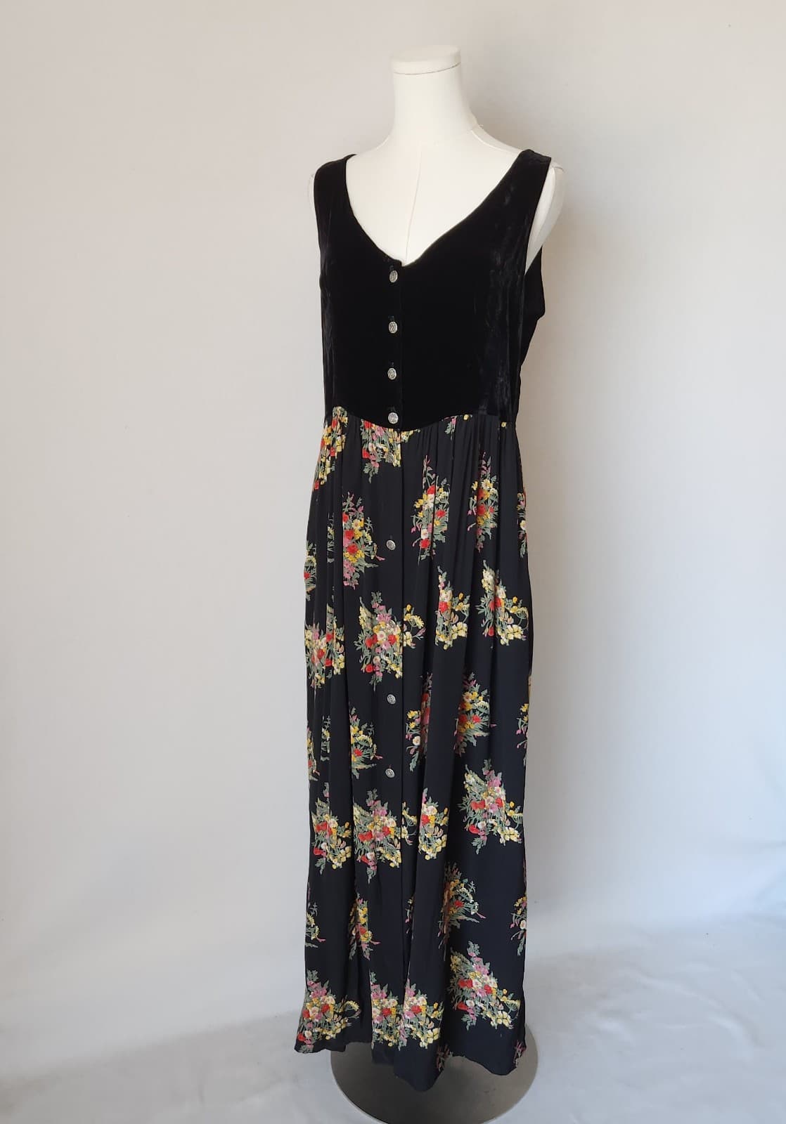 Vintage Loco Lindo Floral Velvet Cottagecore Maxi Dress Silk Rayon Black Sz.M - Thumbnail 4
