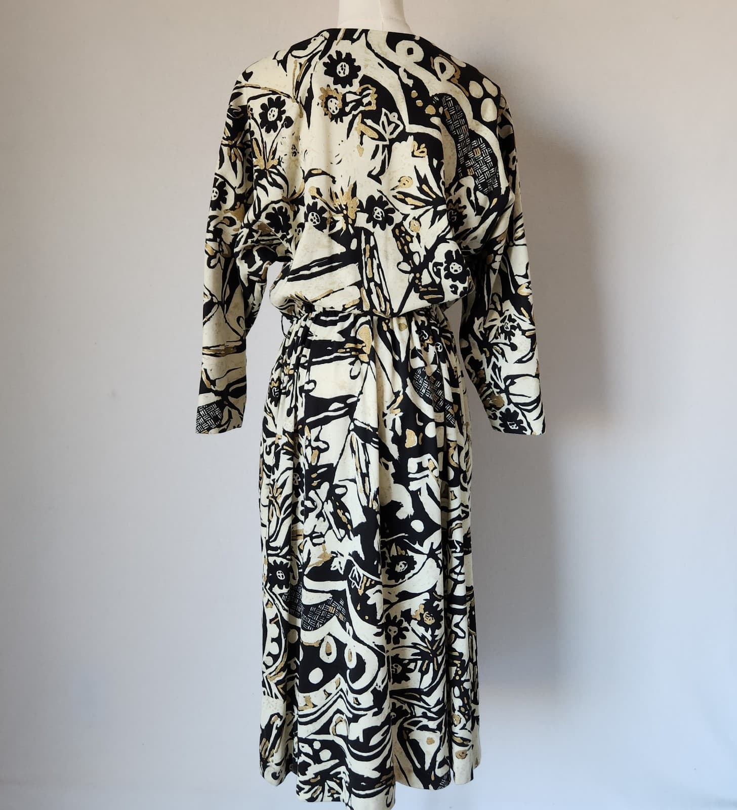 Vintage Sabino Made in USA Midi Dress Long Sleeve Geo-Printed Black Beige Sz.10 - Thumbnail 6