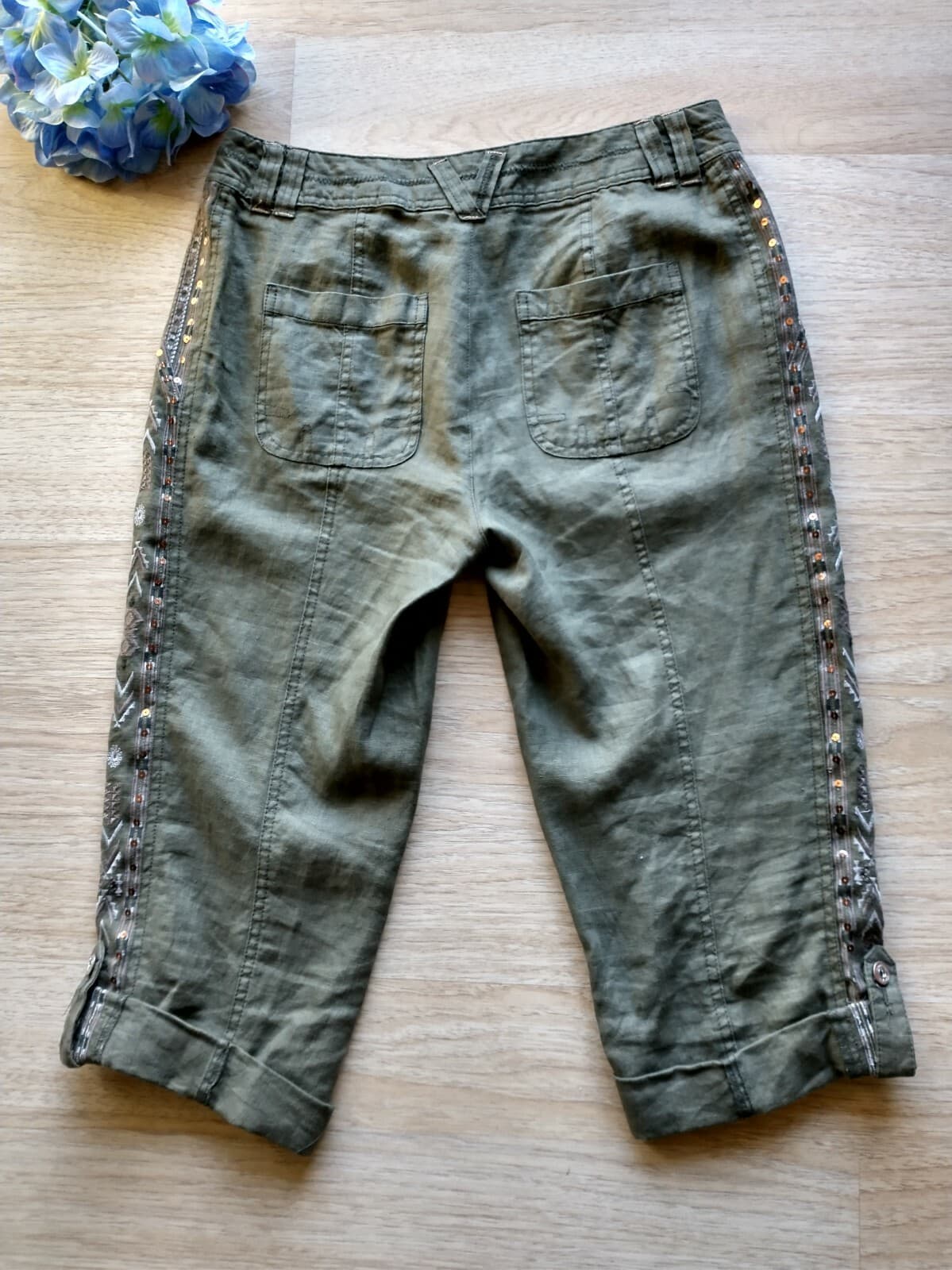 International Concepts Women 100%Linen Embroidered Crop Pants Olive Green Sz.4 - Thumbnail 7