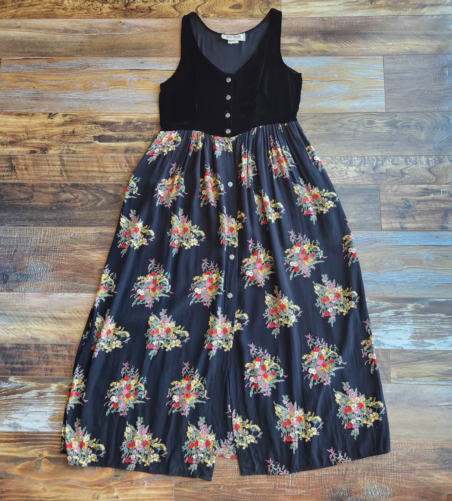 Vintage Loco Lindo Floral Velvet Cottagecore Maxi Dress Silk Rayon Black Sz.M - Thumbnail 8