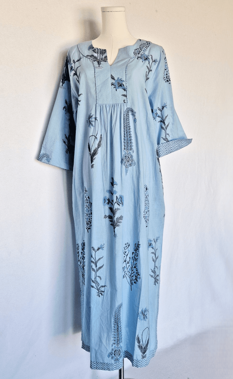NWoT NoLoGo Heart & Soul Block Printed Cotton Kaftan Maxi Dress Pocket Blue M/L - Thumbnail 2