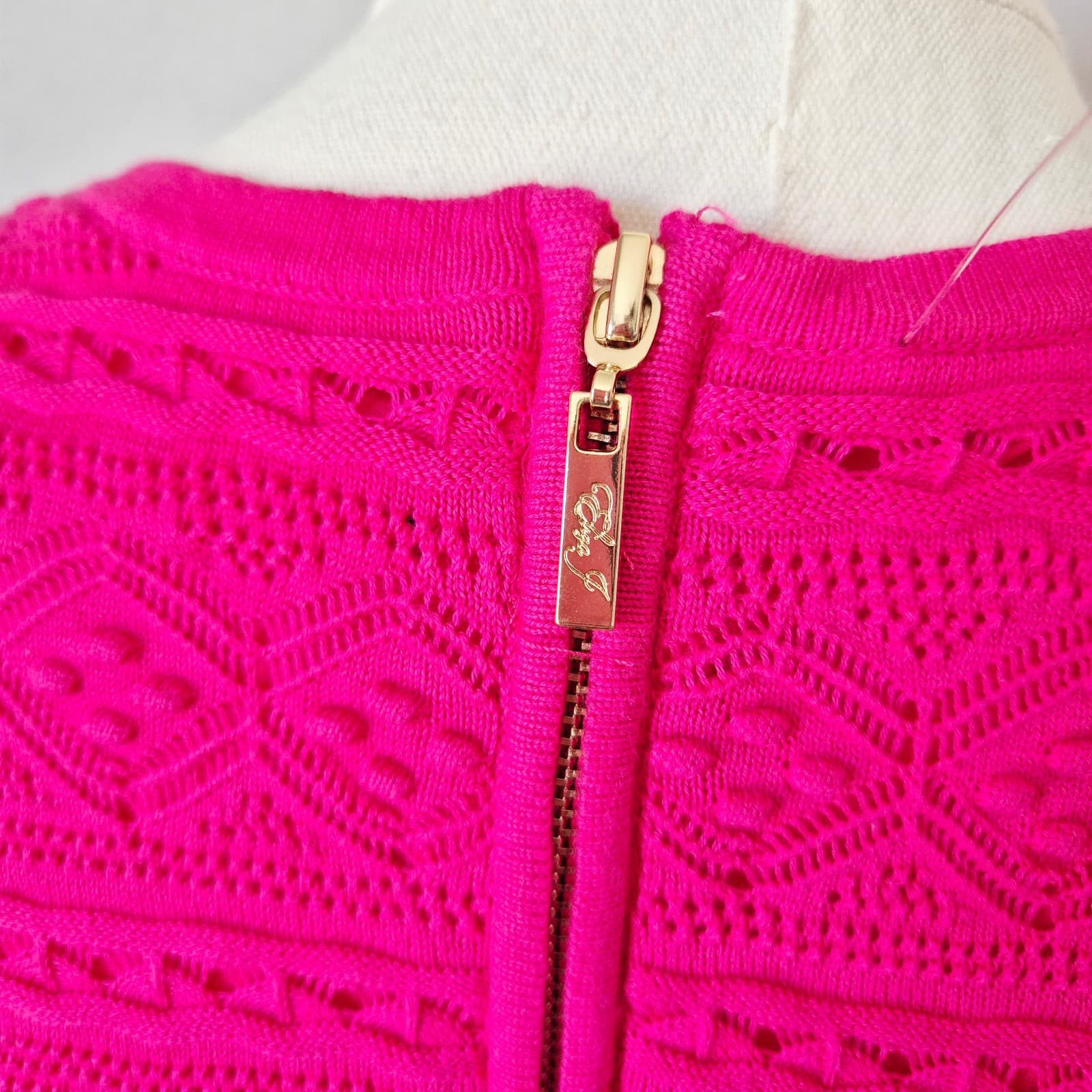 NWT Eliza J $148 Knit Crochet Shift Dress Sleeveless Lined Hot-Pink Women's M - Thumbnail 6