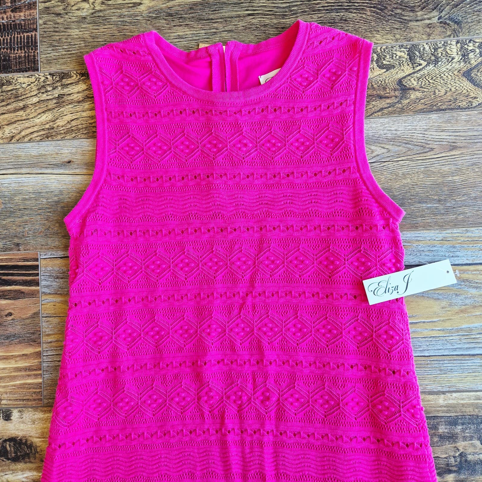 NWT Eliza J $148 Knit Crochet Shift Dress Sleeveless Lined Hot-Pink Women's M - Thumbnail 9