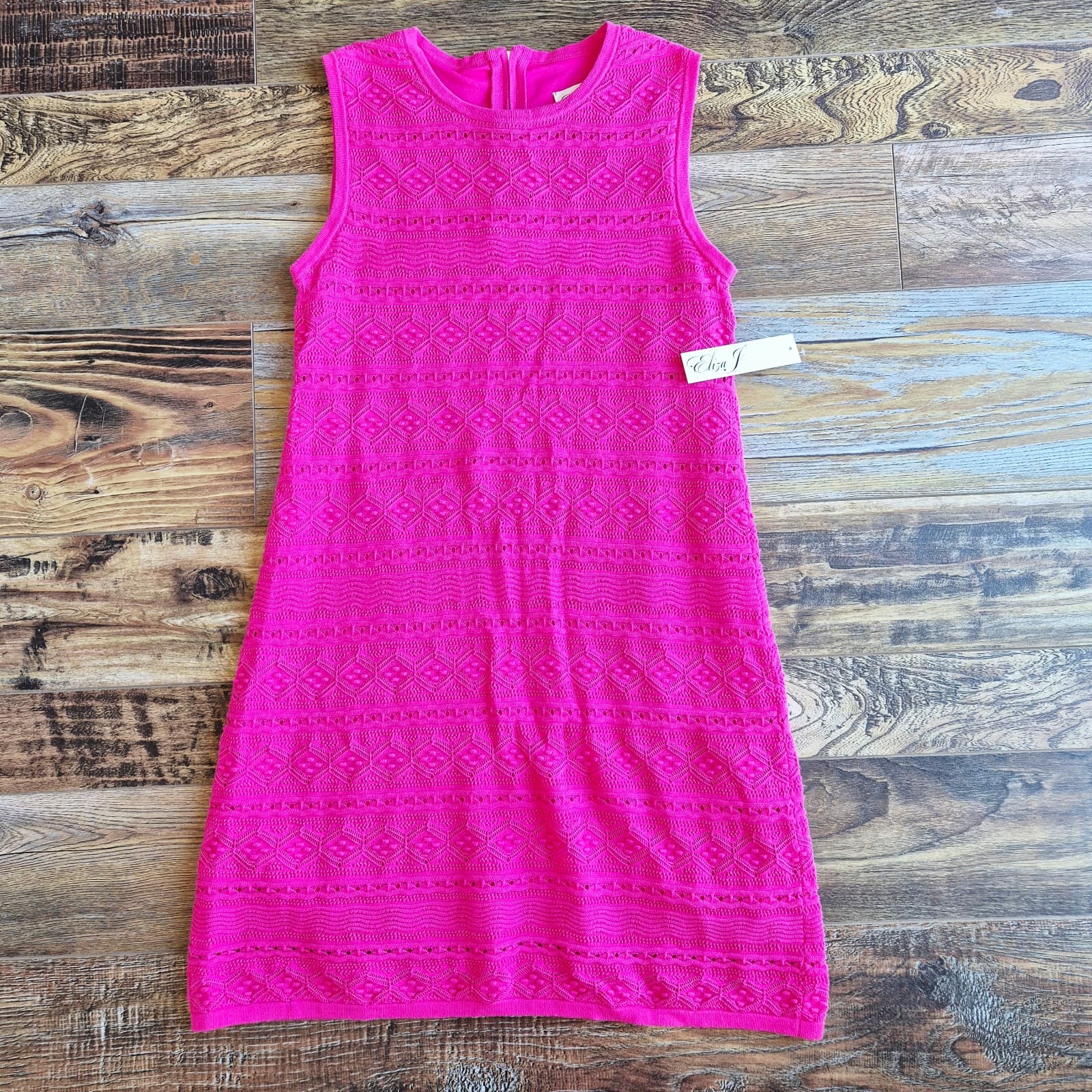 NWT Eliza J $148 Knit Crochet Shift Dress Sleeveless Lined Hot-Pink Women's M - Thumbnail 7