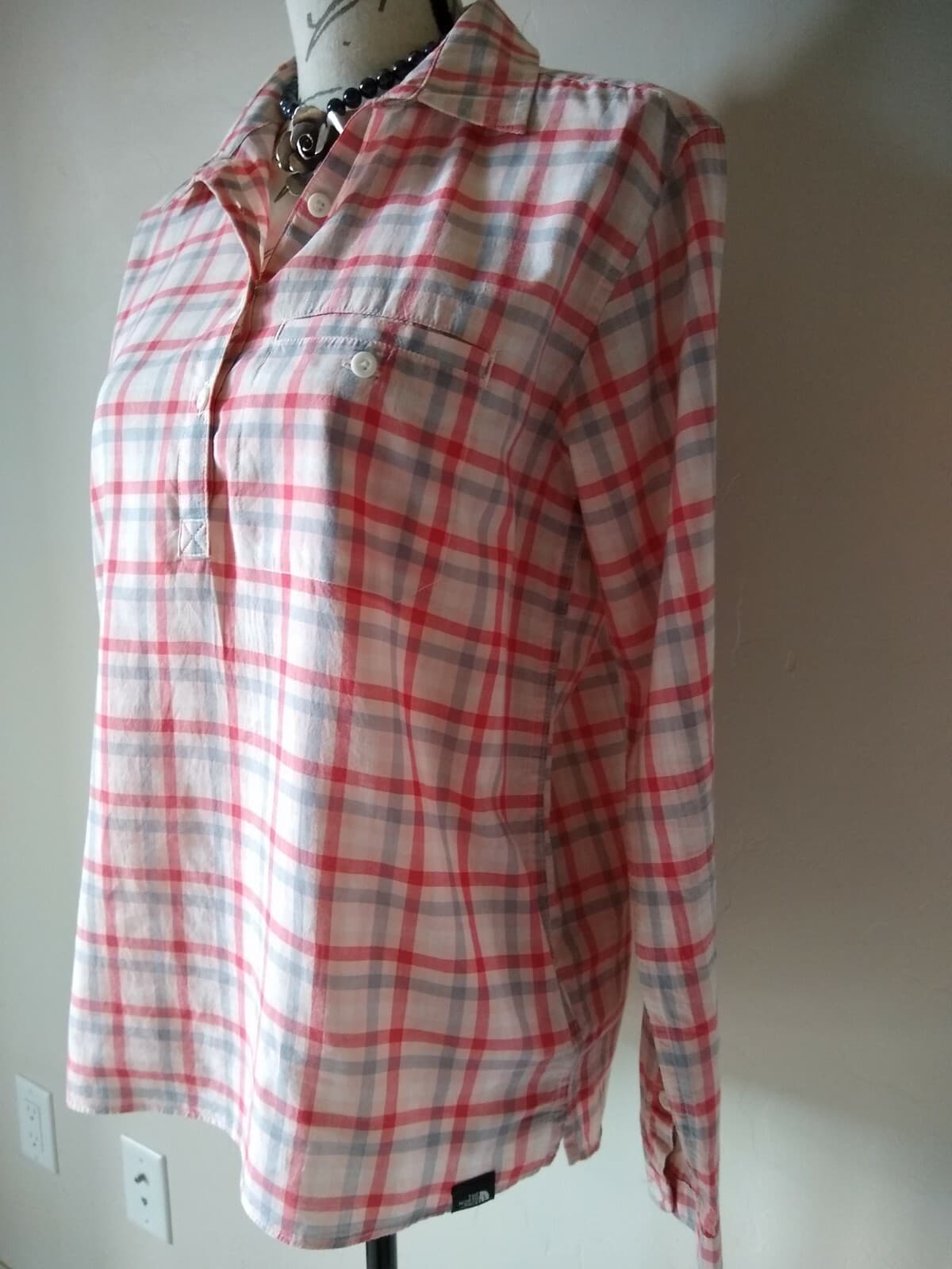 THE NORTH FACE Organic Cotton Top Shirt Pullover Long Sleeves 1/4-Button Plaid S - Thumbnail 3