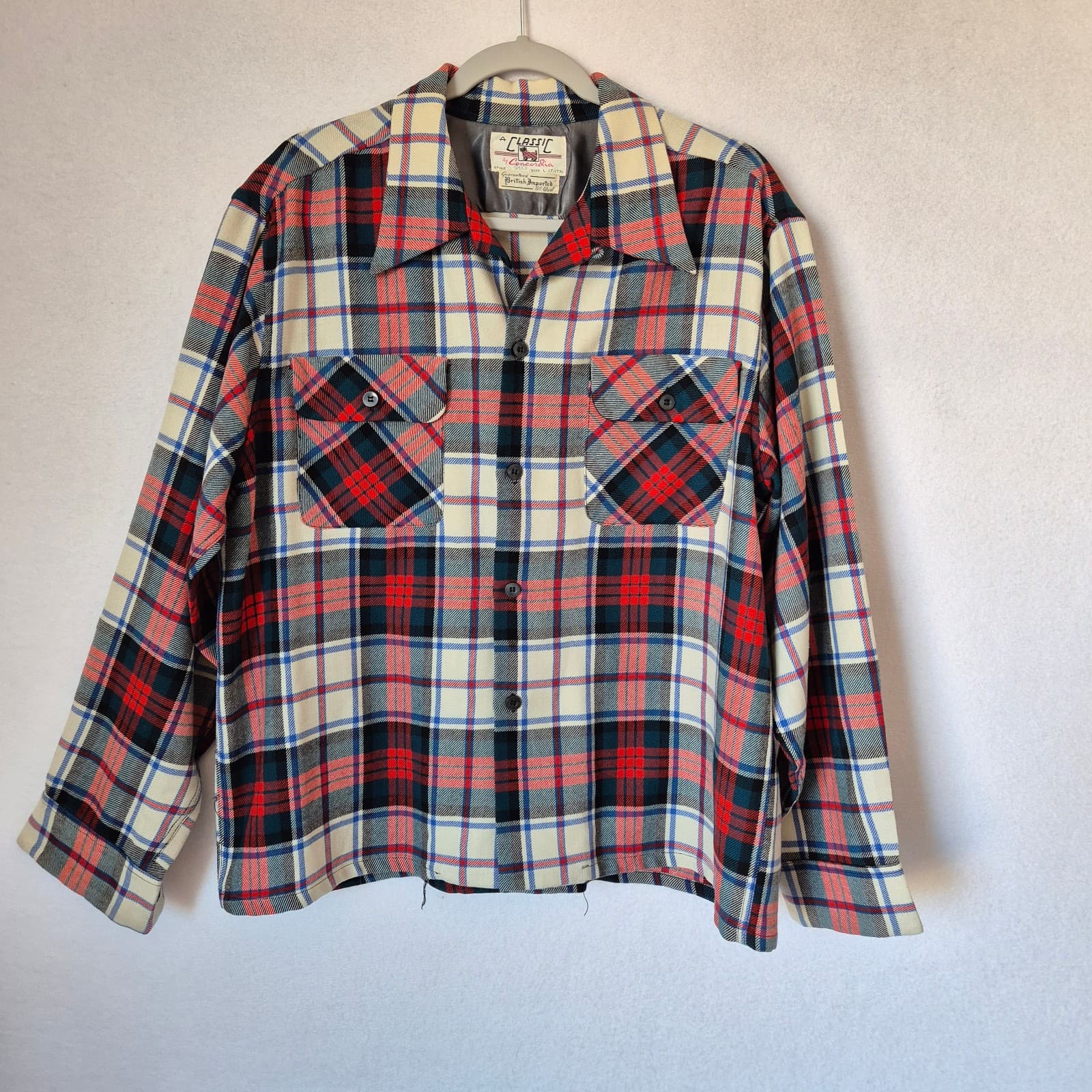 Vintage Concordia 100% Wool Multicolor Plaid Button-Down Shirt Long Sleeve Men L - Thumbnail 2