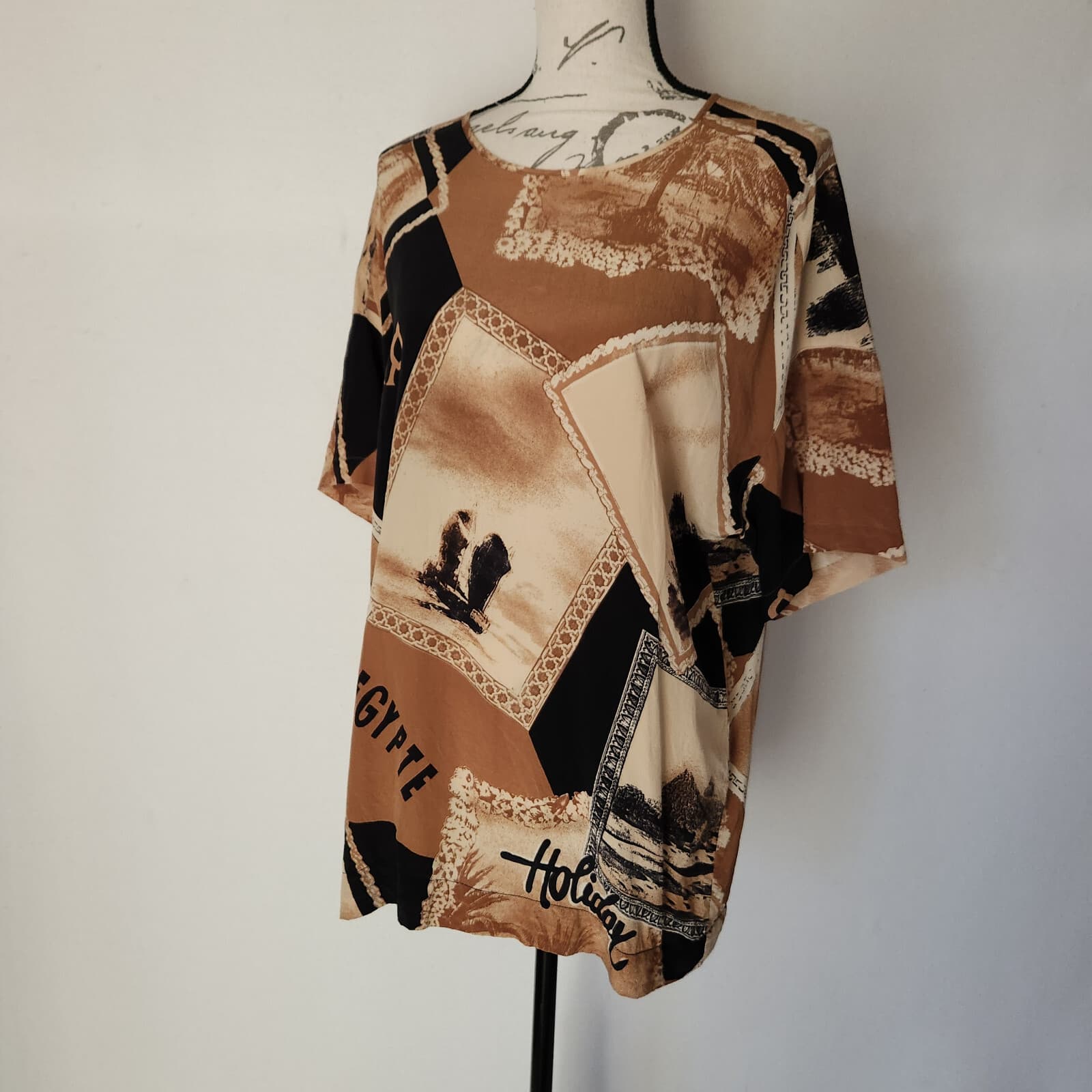 Vintage Max Mara Made in Italy Silk Graphic Tunic Top Short Sleeve Brown Sz.4 - Thumbnail 3