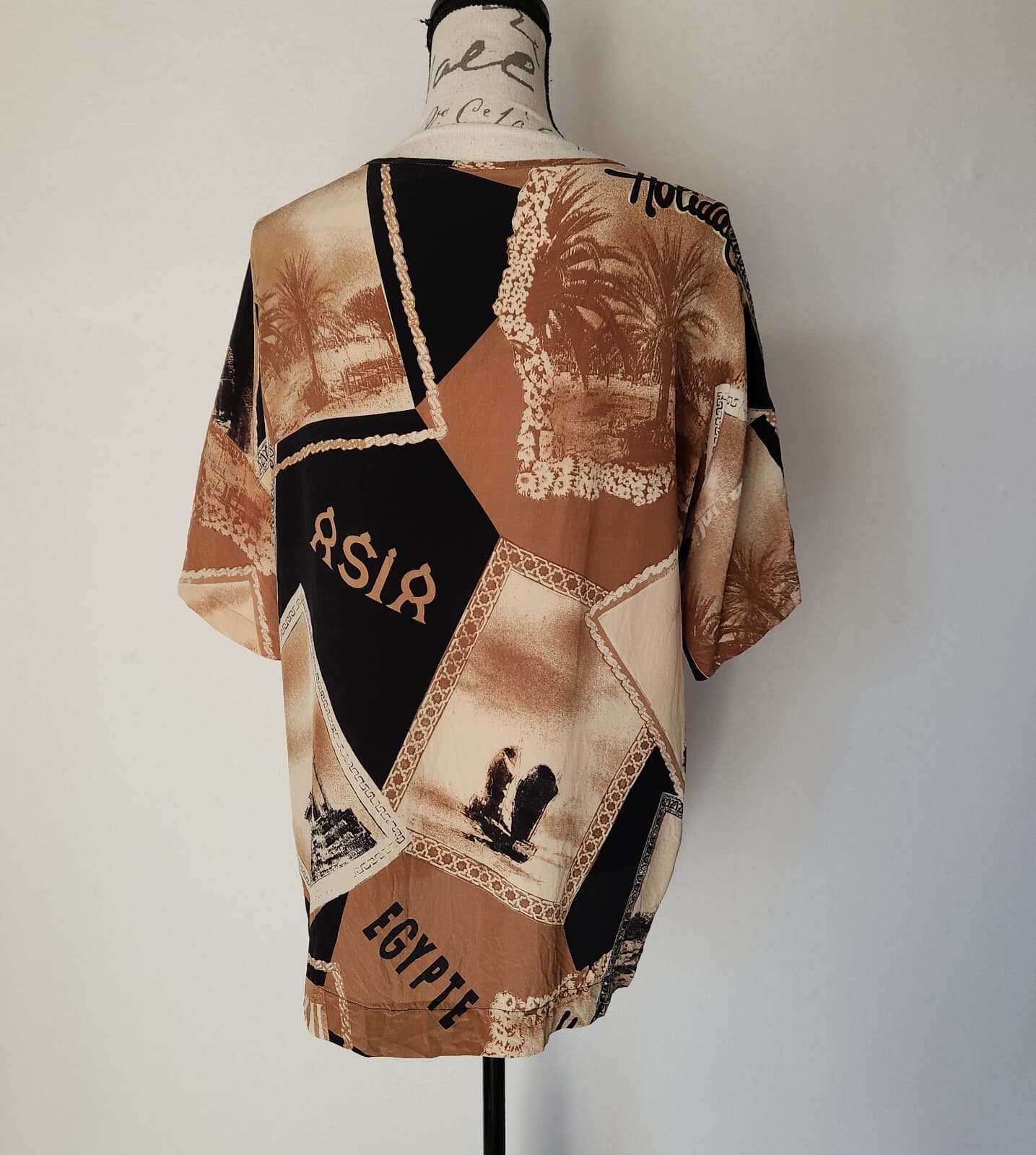 Vintage Max Mara Made in Italy Silk Graphic Tunic Top Short Sleeve Brown Sz.4 - Thumbnail 5