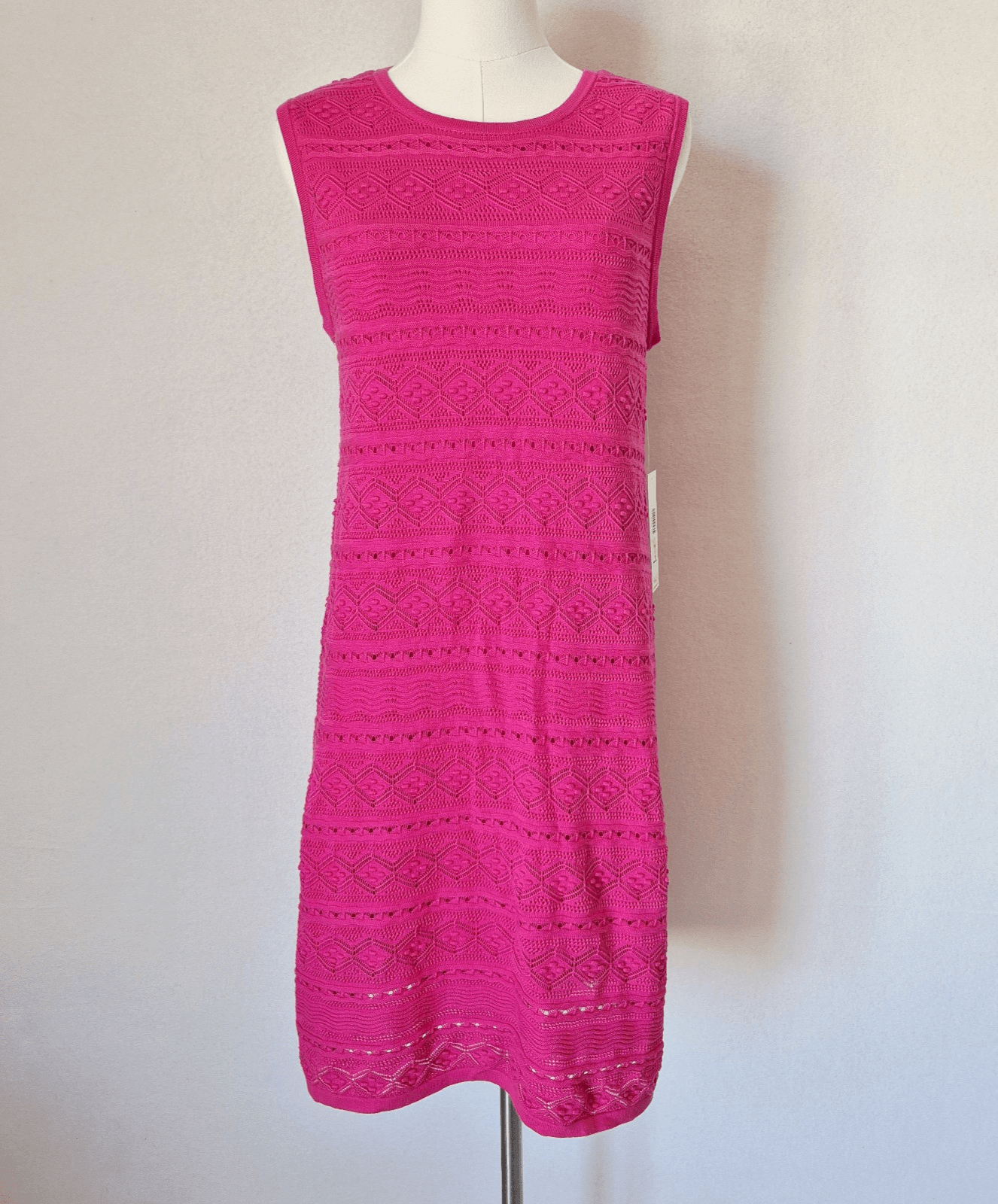 NWT Eliza J $148 Knit Crochet Shift Dress Sleeveless Lined Hot-Pink Women's M - Thumbnail 2