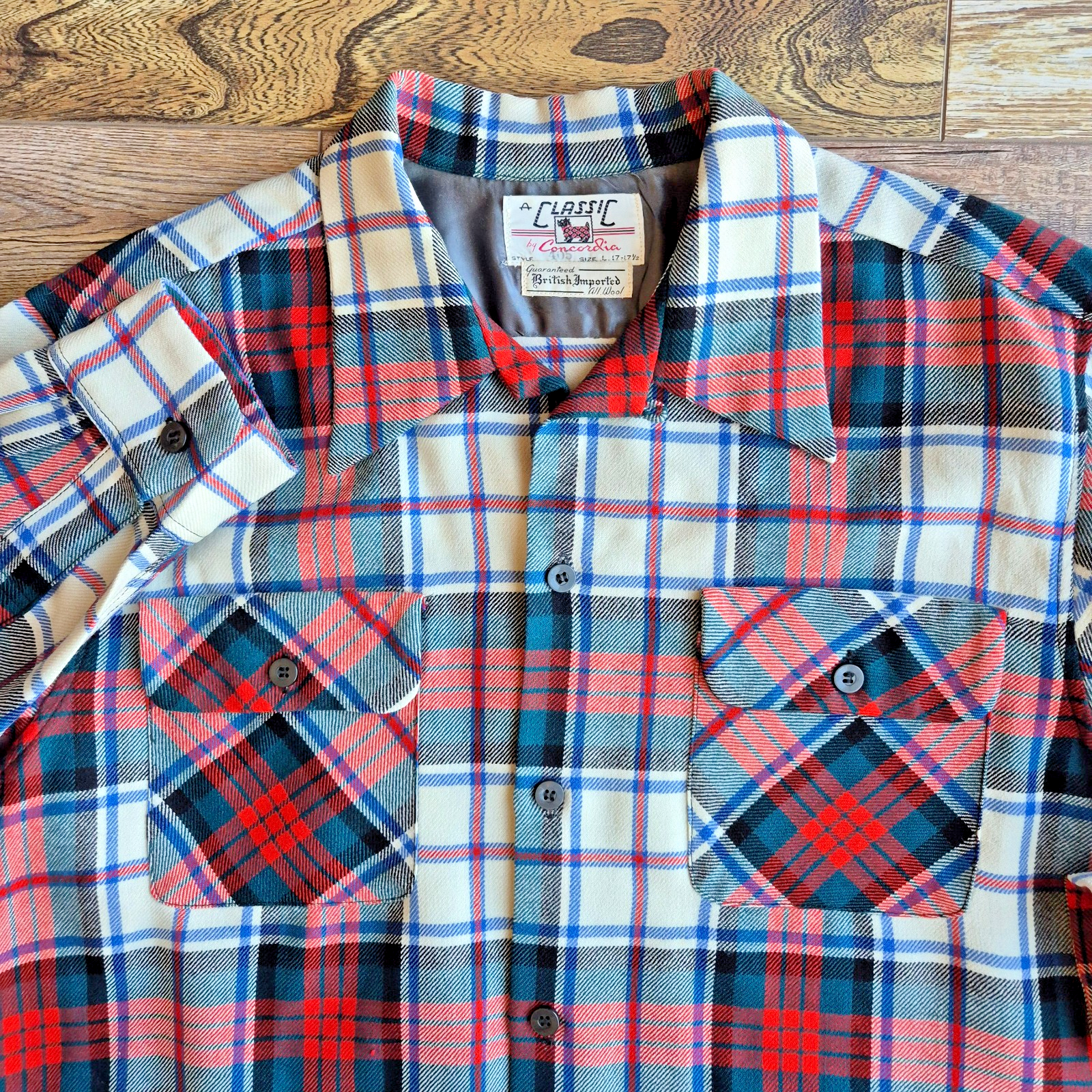 Vintage Concordia 100% Wool Multicolor Plaid Button-Down Shirt Long Sleeve Men L