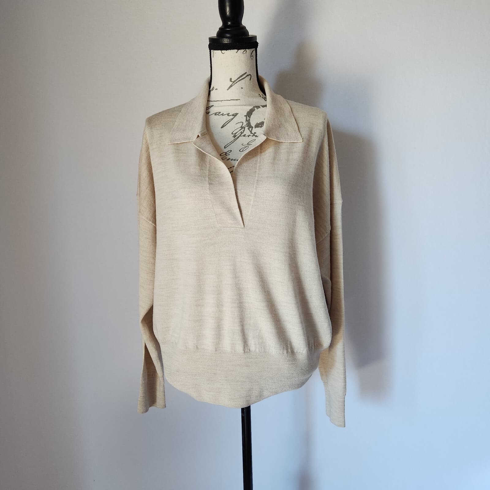 EUC Madewell 100% Merino Wool Polo Sweater Pullover Long Sleeve Beige Women XXL - Thumbnail 2