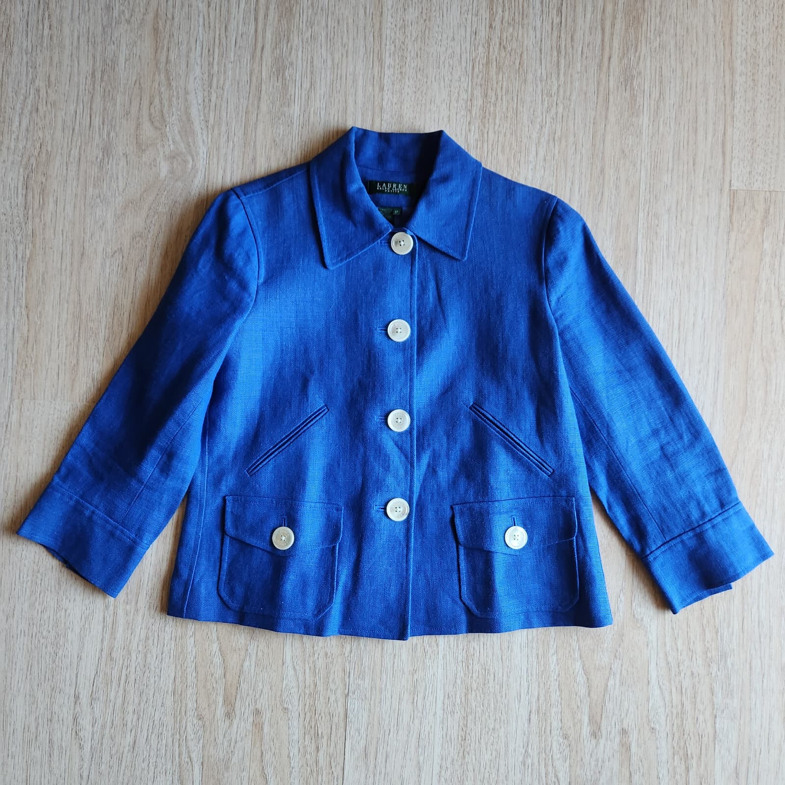 Lauren Ralph Lauren 100% Linen Jacket Pocket Button 3/4 Sleeve Blue Women's 8P - Thumbnail 4