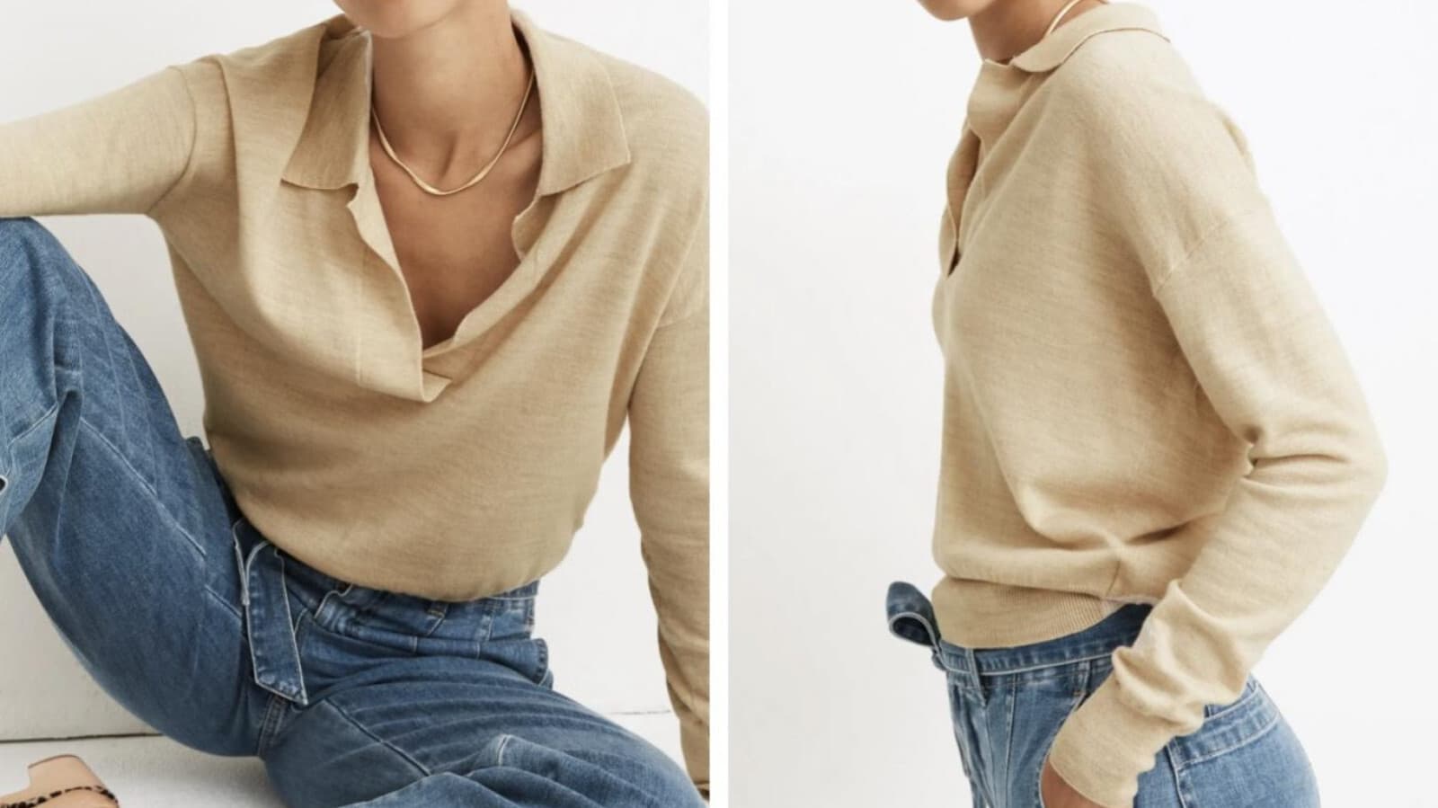 EUC Madewell 100% Merino Wool Polo Sweater Pullover Long Sleeve Beige Women XXL - Thumbnail 3