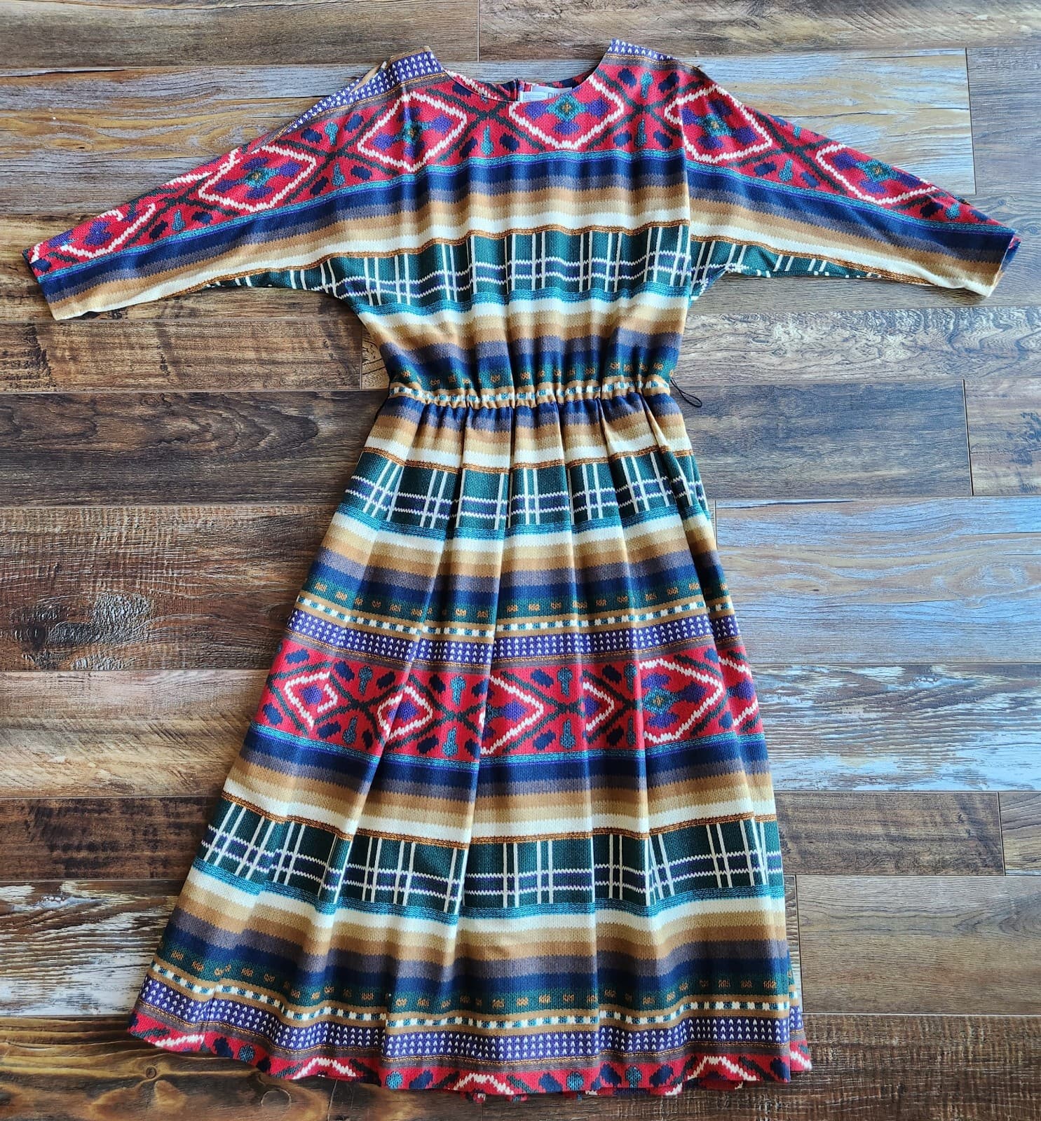 Vintage Sabino Made in USA Aztec Southwest Midi Dress Dolman Long Sleeve Sz.10 - Thumbnail 6
