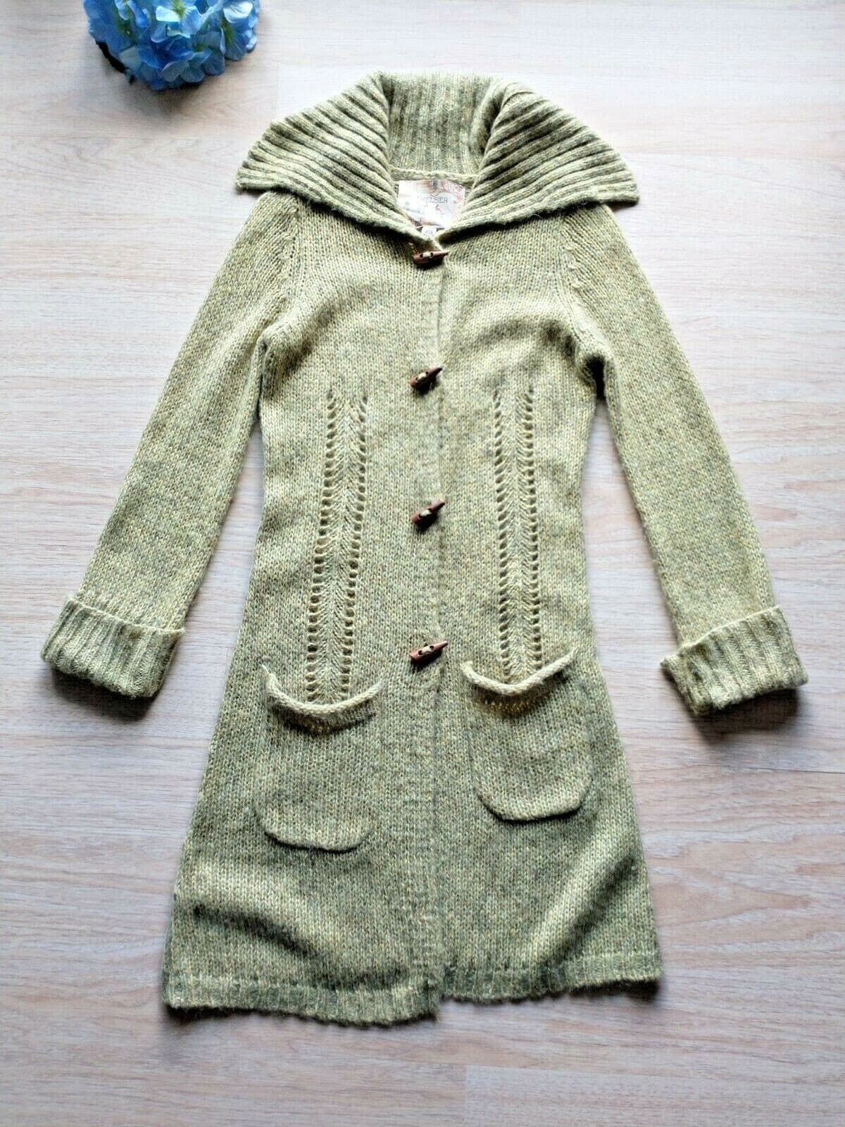 CHELSEA & VIOLET Mohair Blend Long Cardigan Wooden Button Green Women Sz.XS - Thumbnail 2