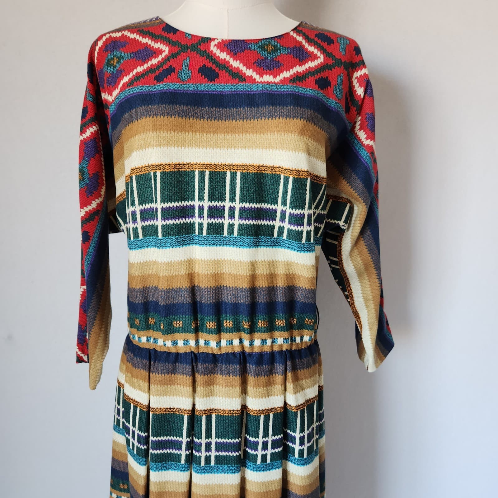 Vintage Sabino Made in USA Aztec Southwest Midi Dress Dolman Long Sleeve Sz.10 - Thumbnail 3