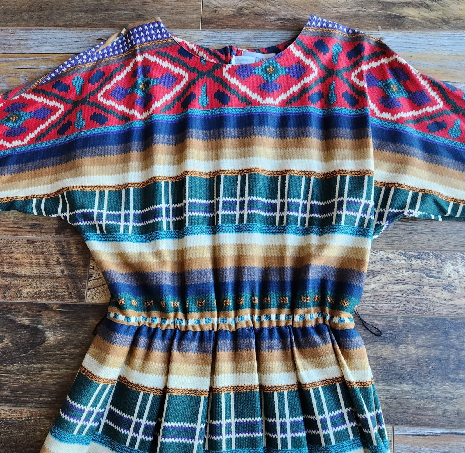 Vintage Sabino Made in USA Aztec Southwest Midi Dress Dolman Long Sleeve Sz.10 - Thumbnail 7