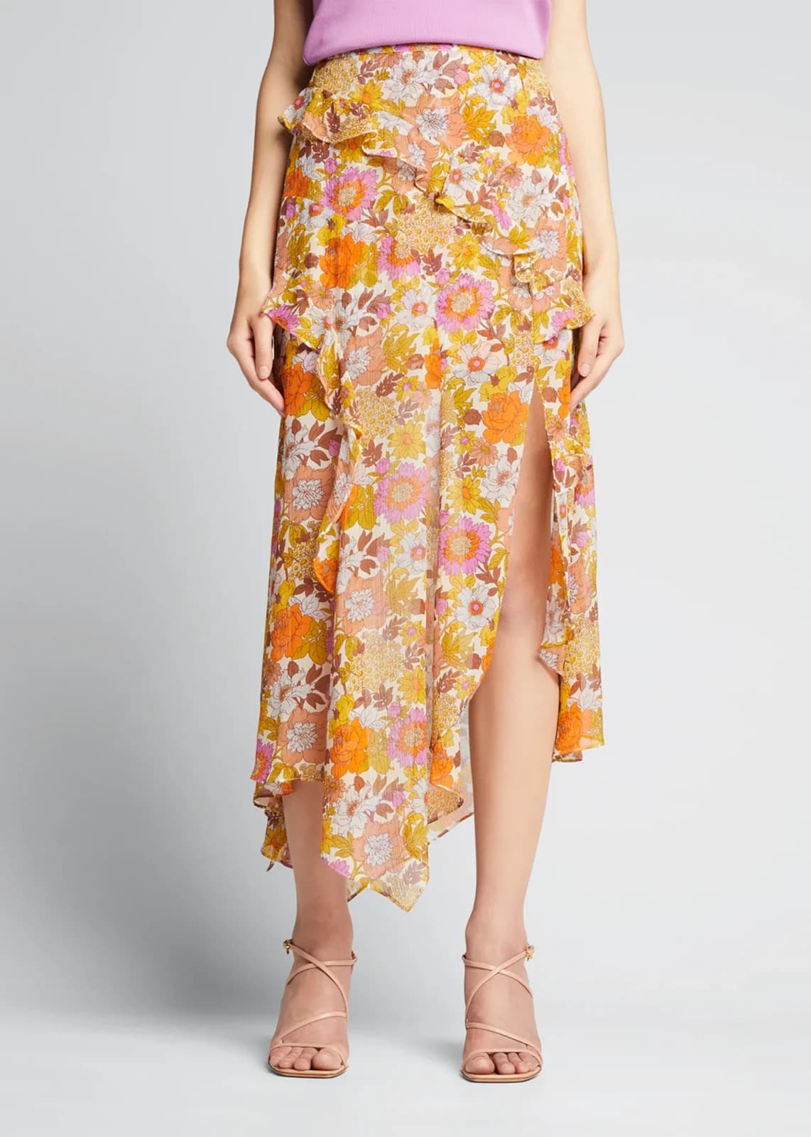 Veronica Beard Eleonora Silk Sheer Chiffon Slit Ruffle Floral Midi Skirt Women 8 - Thumbnail 2