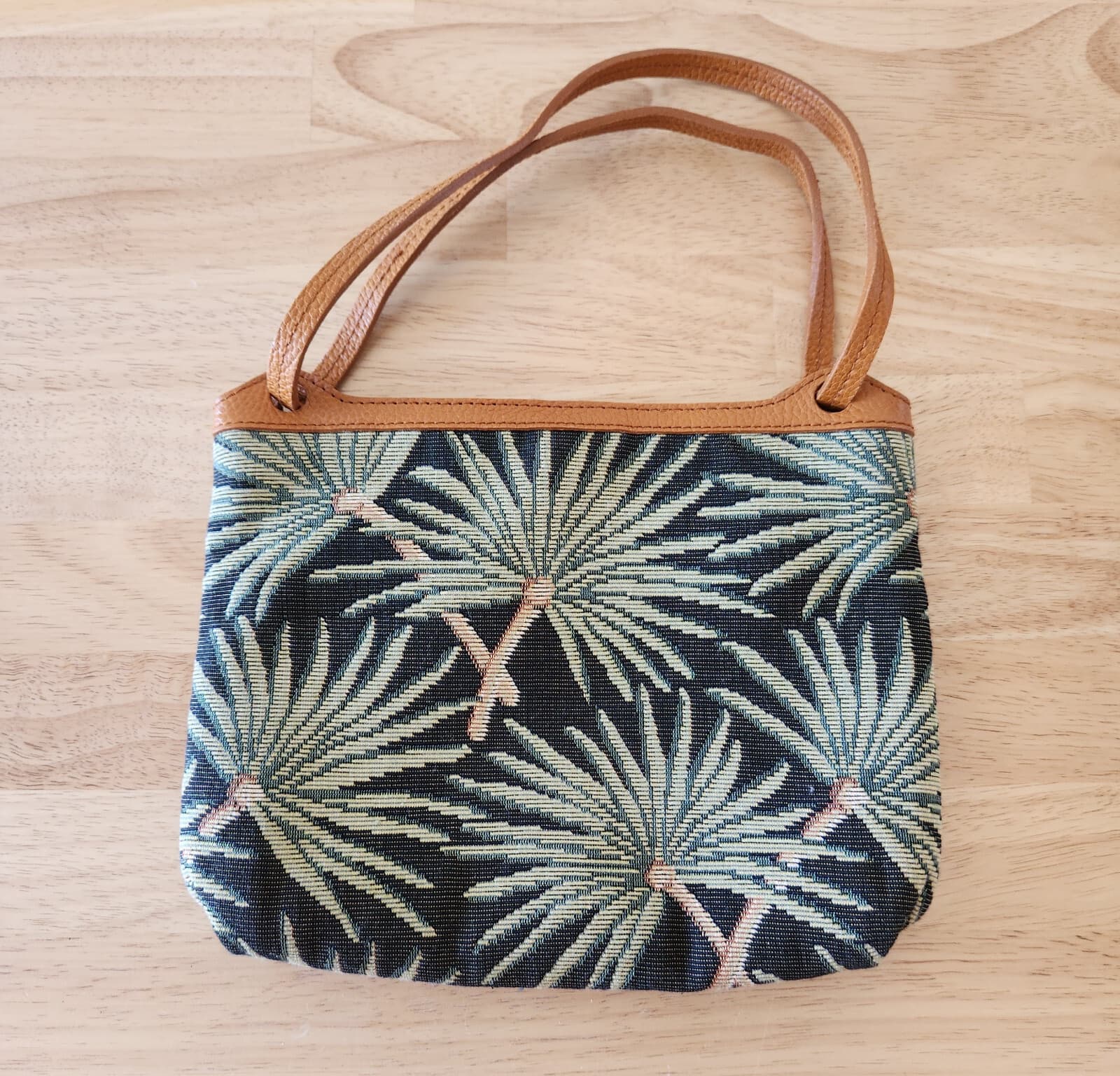 JIM THOMPSON Palm Leaf Jacqurd Fabric Leather Handle Pouch Clutch Bag Silk Liner - Thumbnail 4