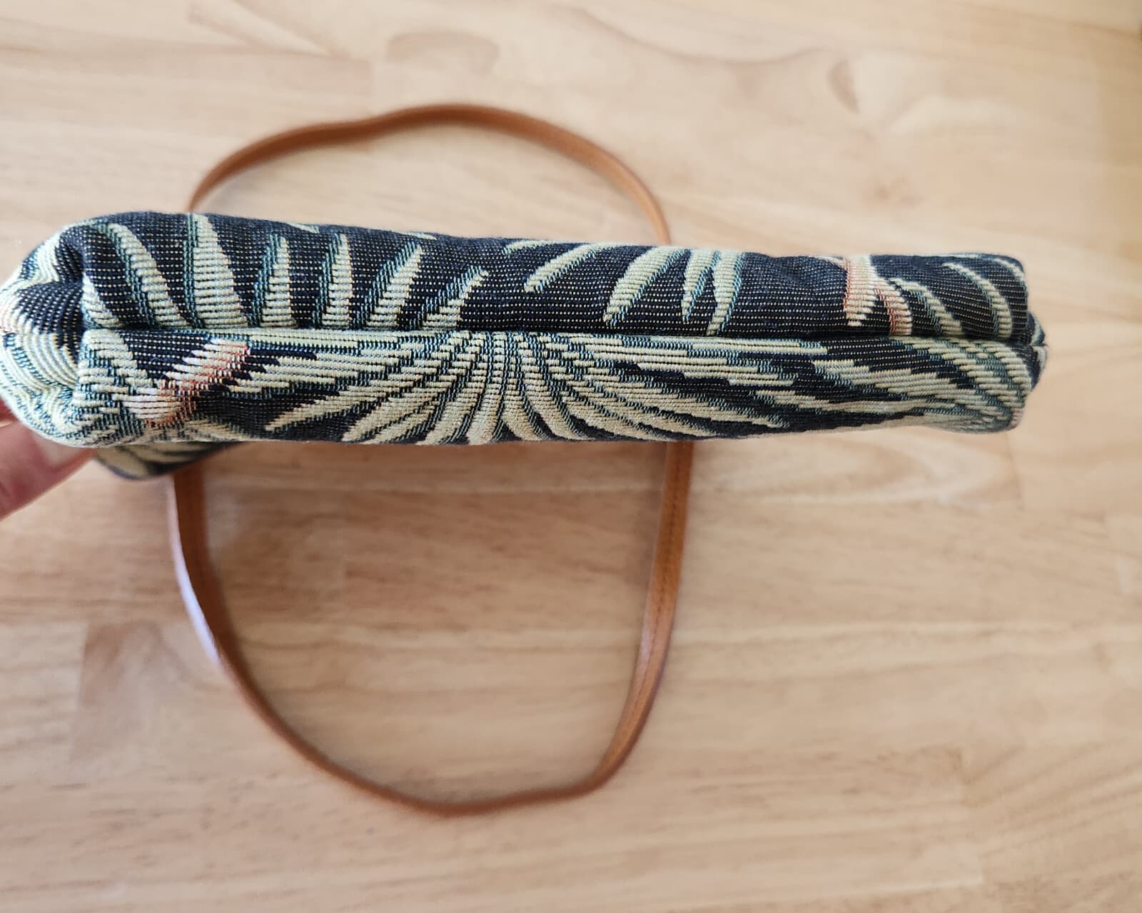 JIM THOMPSON Palm Leaf Jacqurd Fabric Leather Handle Pouch Clutch Bag Silk Liner - Thumbnail 13