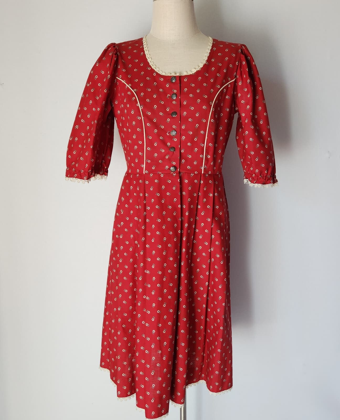 Vintage Ernst Licht 2 Piece Oktoberfest Prairie Dress Lace Trim Floral Red Sz.8 - Thumbnail 3