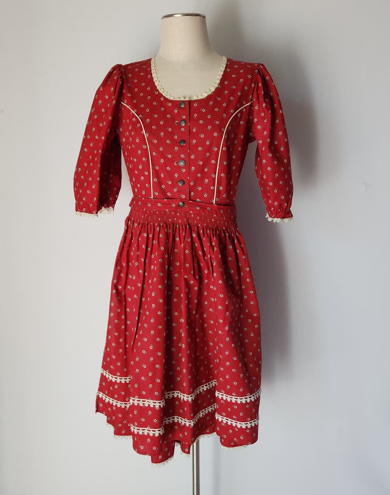 Vintage Ernst Licht 2 Piece Oktoberfest Prairie Dress Lace Trim Floral Red Sz.8 - Thumbnail 5