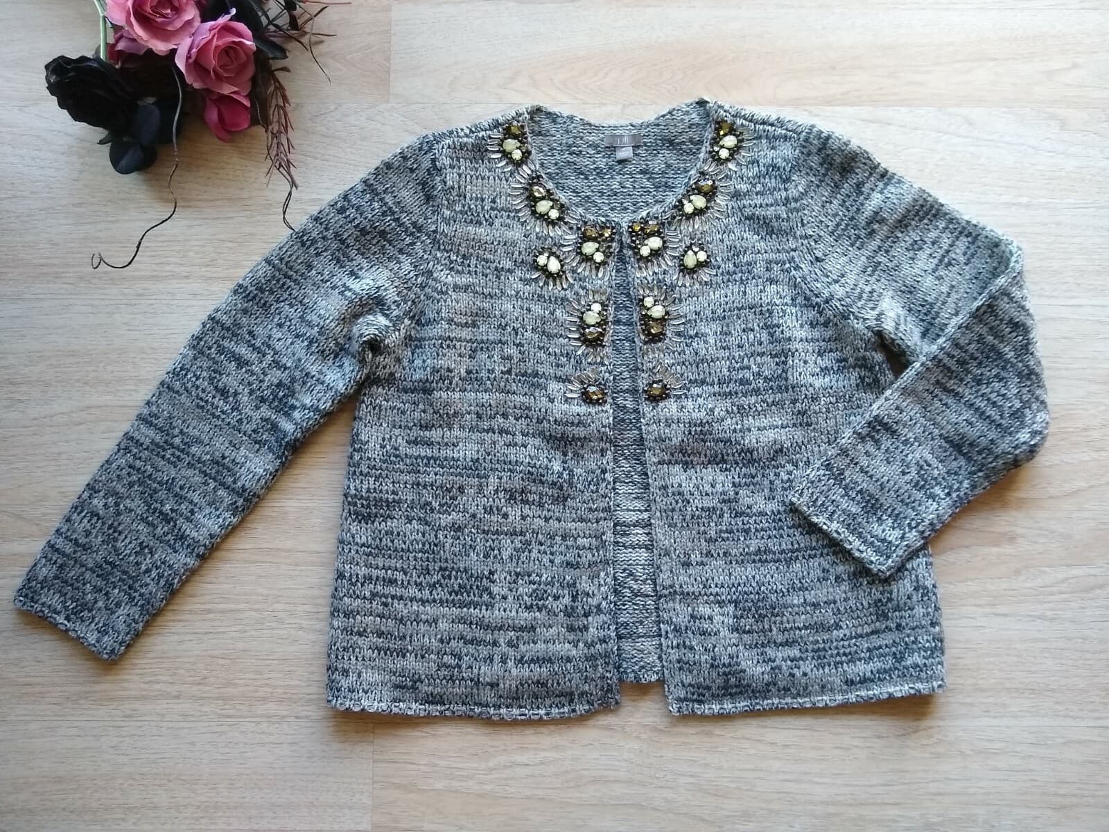 J.Jill Women Wool Camel Blend Cardigan Sweater Bead-embellished Gray Sz.M - Thumbnail 2