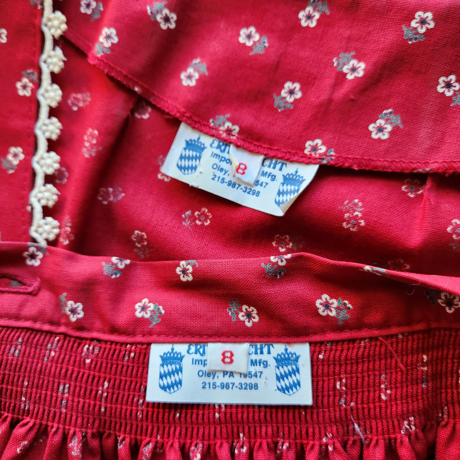 Vintage Ernst Licht 2 Piece Oktoberfest Prairie Dress Lace Trim Floral Red Sz.8 - Thumbnail 12