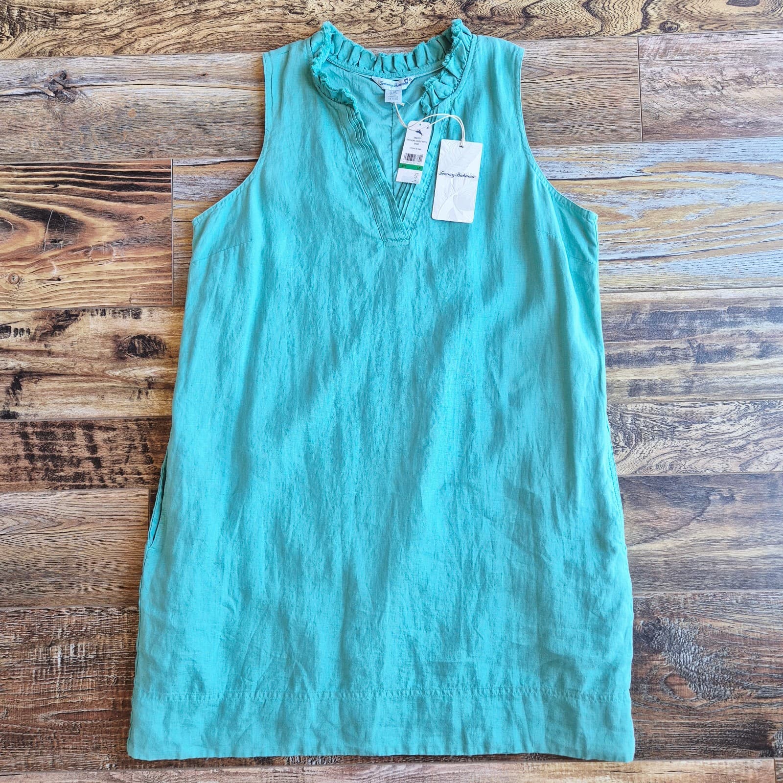 NWT Tommy Bahama Linen Two Palms Double Ruffle Mini Dress Sleeveless Green Sz.L - Thumbnail 7