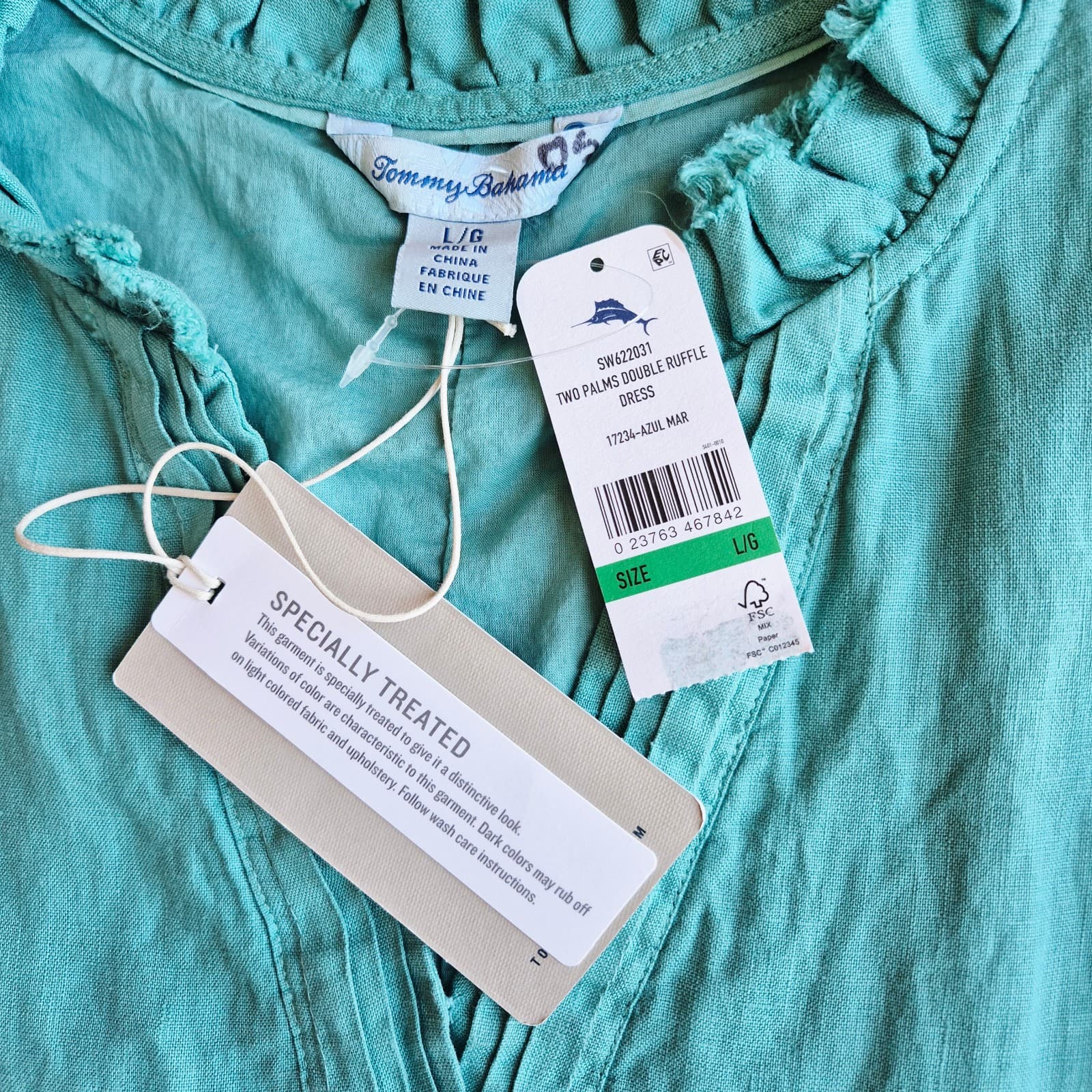 NWT Tommy Bahama Linen Two Palms Double Ruffle Mini Dress Sleeveless Green Sz.L - Thumbnail 8