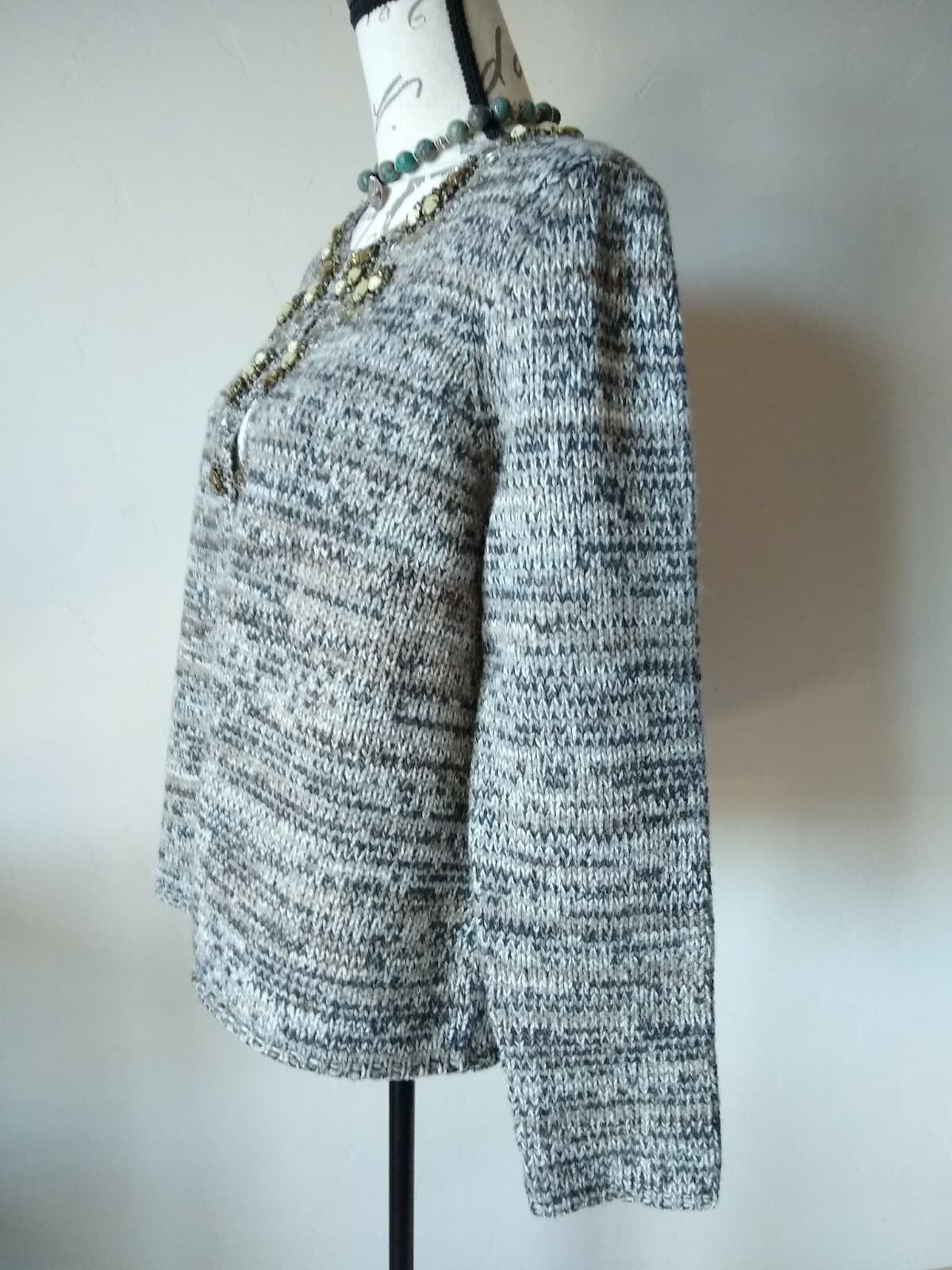 J.Jill Women Wool Camel Blend Cardigan Sweater Bead-embellished Gray Sz.M - Thumbnail 4
