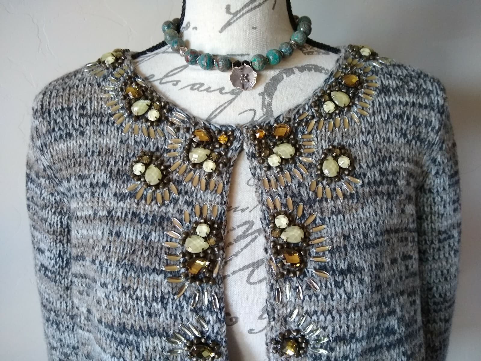 J.Jill Women Wool Camel Blend Cardigan Sweater Bead-embellished Gray Sz.M - Thumbnail 3