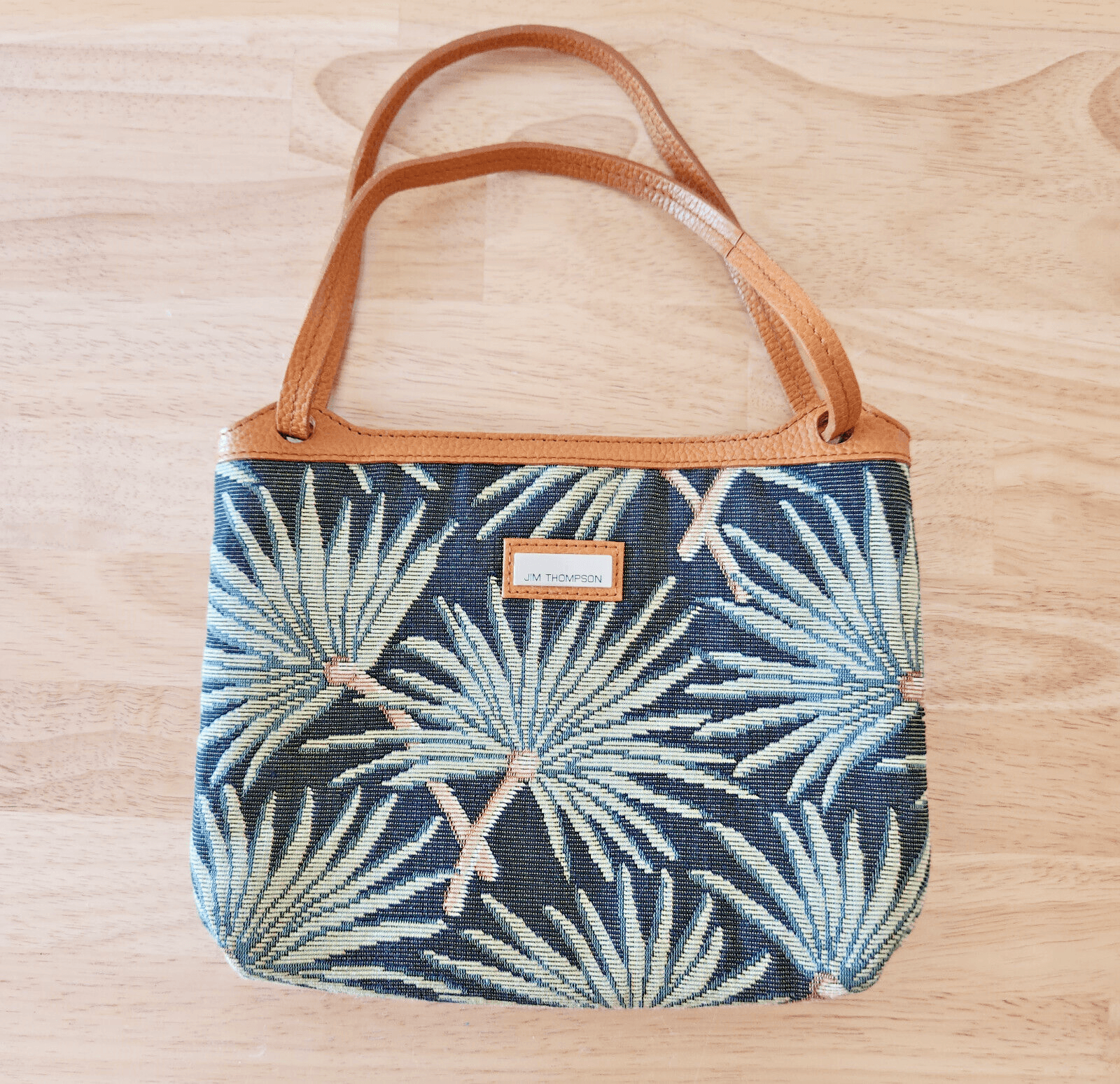 JIM THOMPSON Palm Leaf Jacqurd Fabric Leather Handle Pouch Clutch Bag Silk Liner - Thumbnail 2