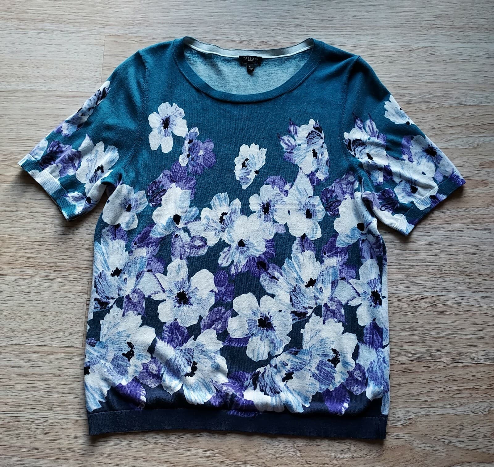 Talbots Knit Top Short Sleeve Crew Neck Floral Green Cotton Rayon Blend Women LP - Thumbnail 5