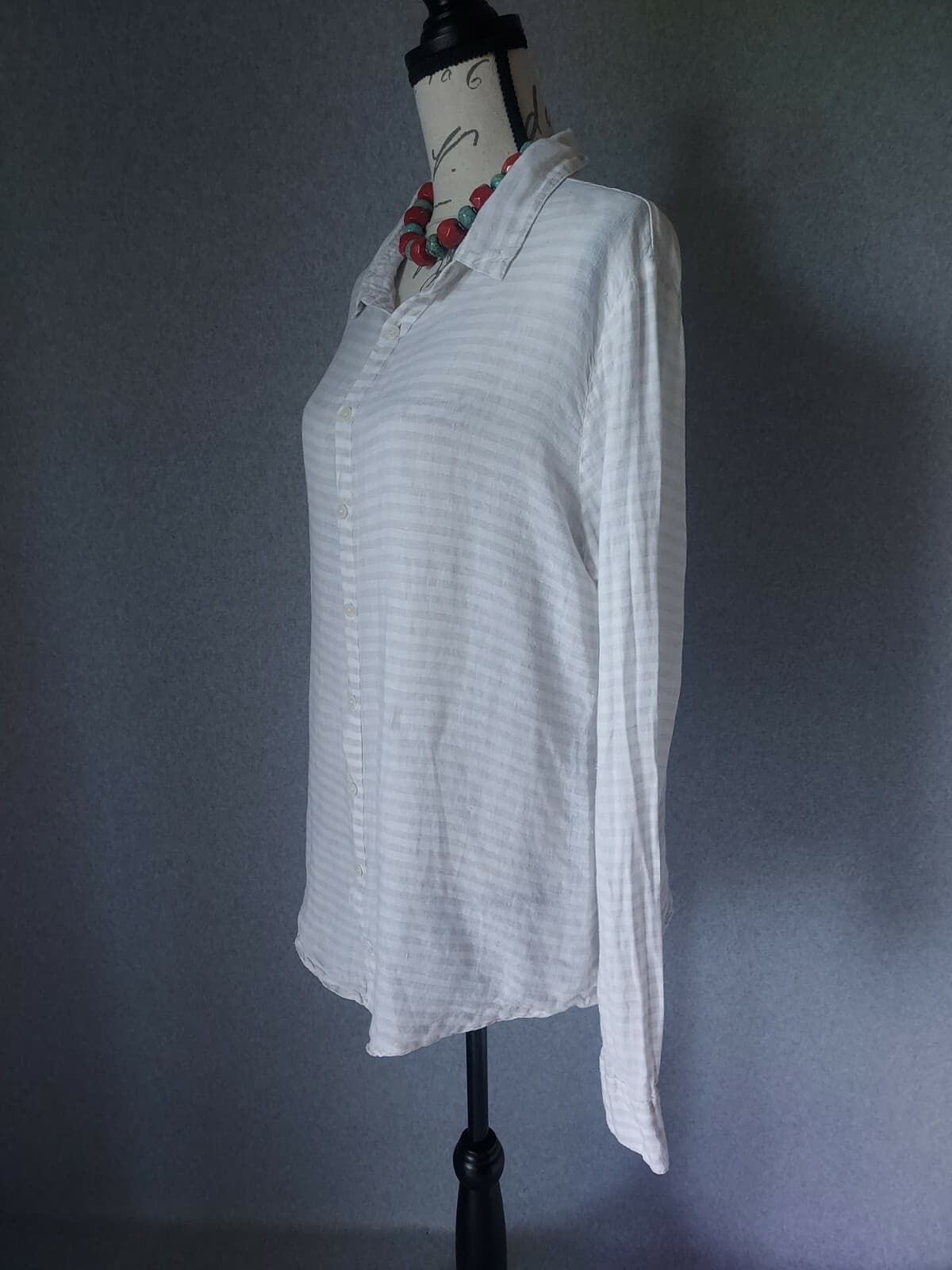 CP Shades Linen Tunic Shirt Button-Up Long Sleeve White Cream Stripe Chest 46" - Thumbnail 5