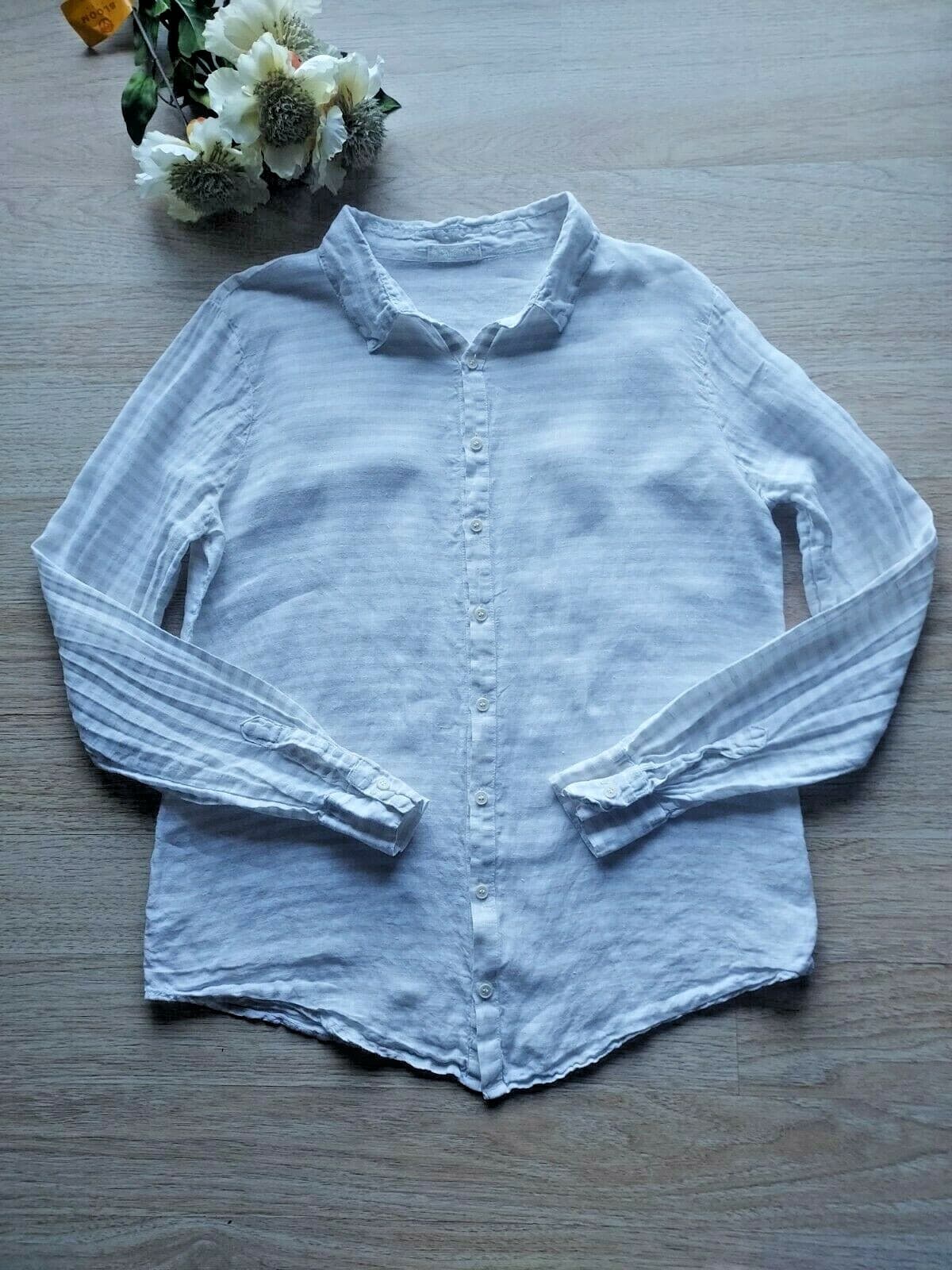 CP Shades Linen Tunic Shirt Button-Up Long Sleeve White Cream Stripe Chest 46" - Thumbnail 4
