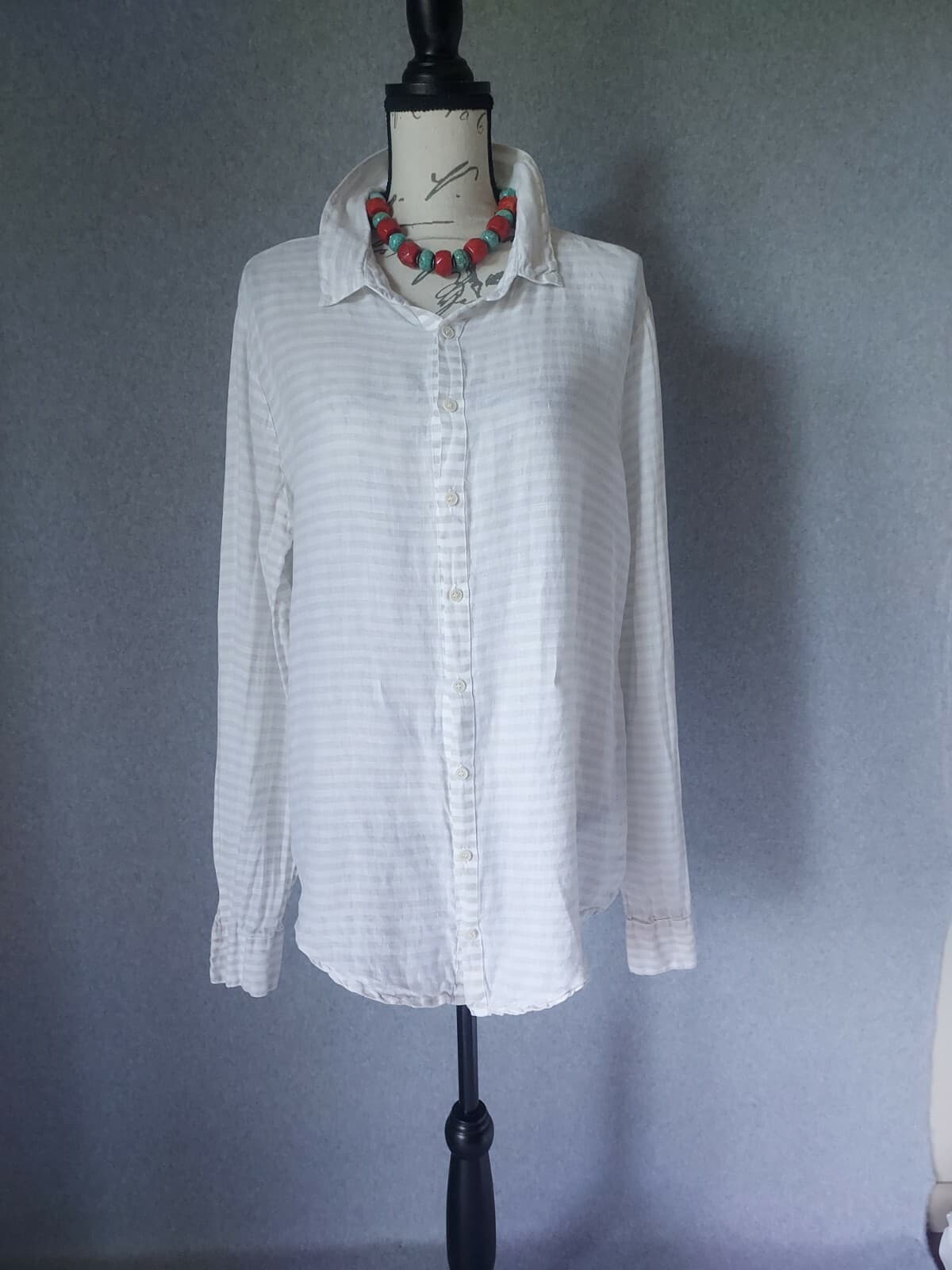 CP Shades Linen Tunic Shirt Button-Up Long Sleeve White Cream Stripe Chest 46" - Thumbnail 2