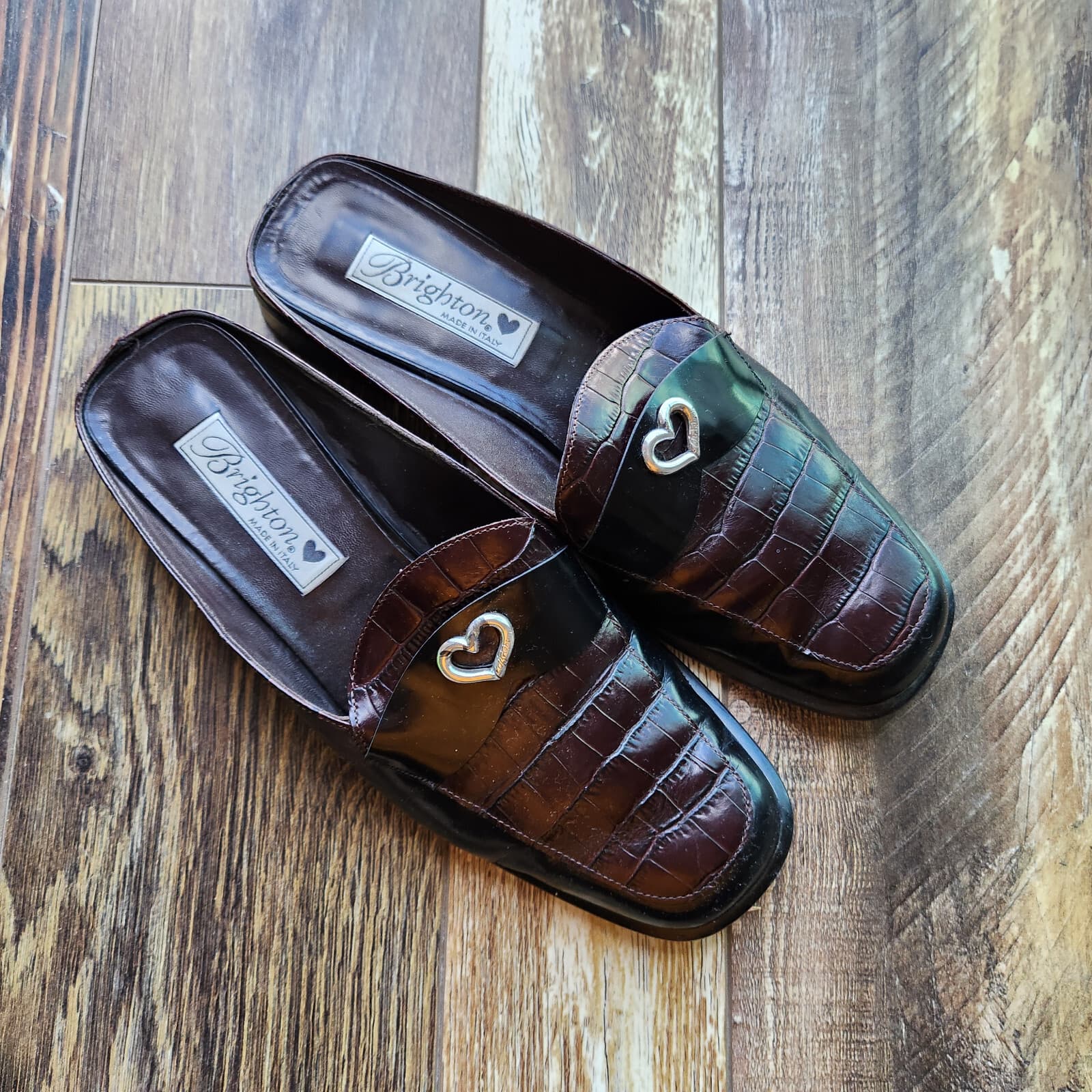 Brighton Jade Made in Italy Croc-Embossed Leather Mule Slide-On Brown Women 8.5 - Thumbnail 3