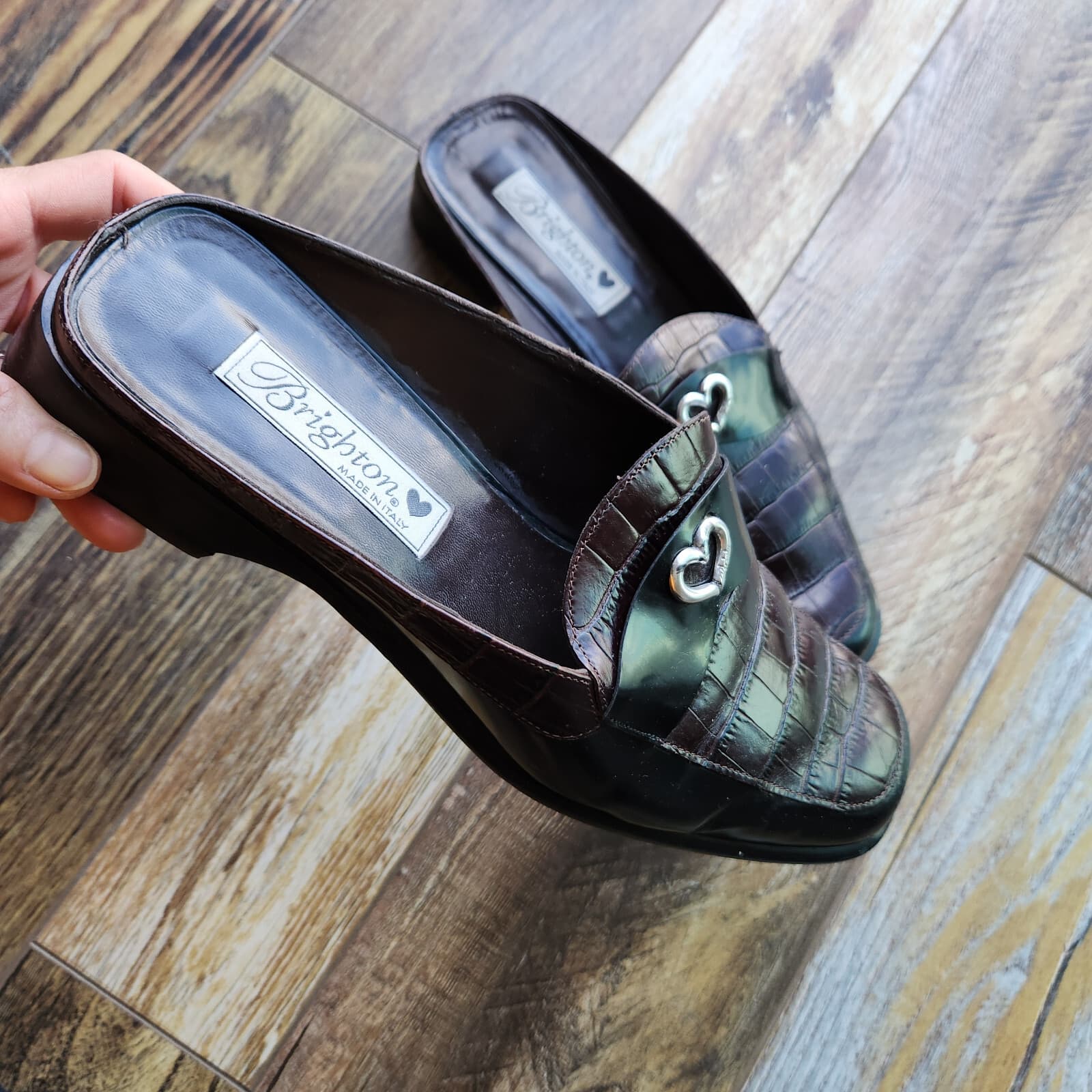 Brighton Jade Made in Italy Croc-Embossed Leather Mule Slide-On Brown Women 8.5 - Thumbnail 2