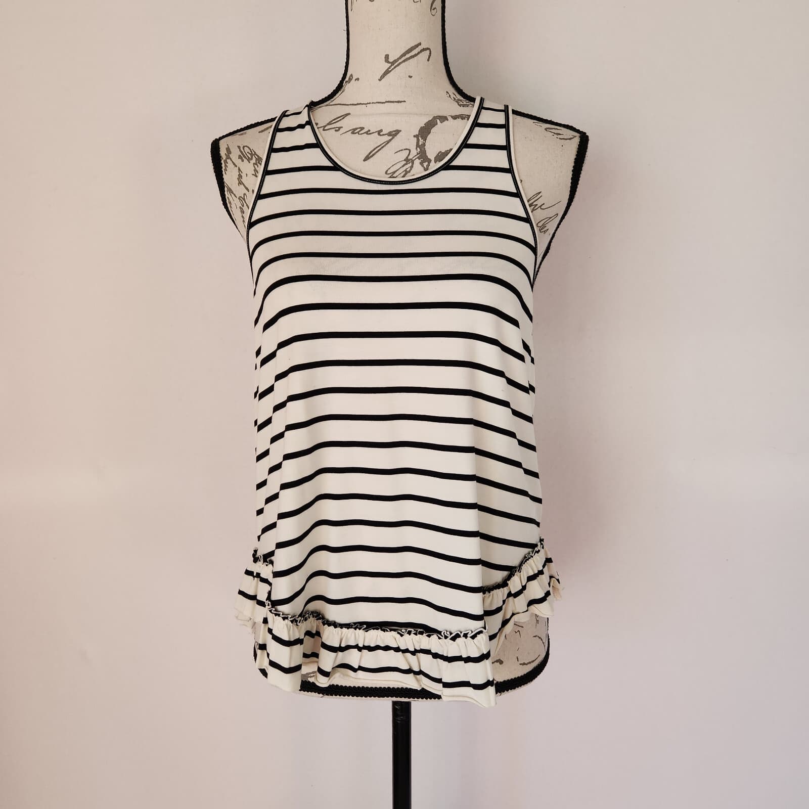 Kate Spade New York Stripe Ruffle Tank Top Modal Buttery-Knit White Black Sz.M - Thumbnail 2