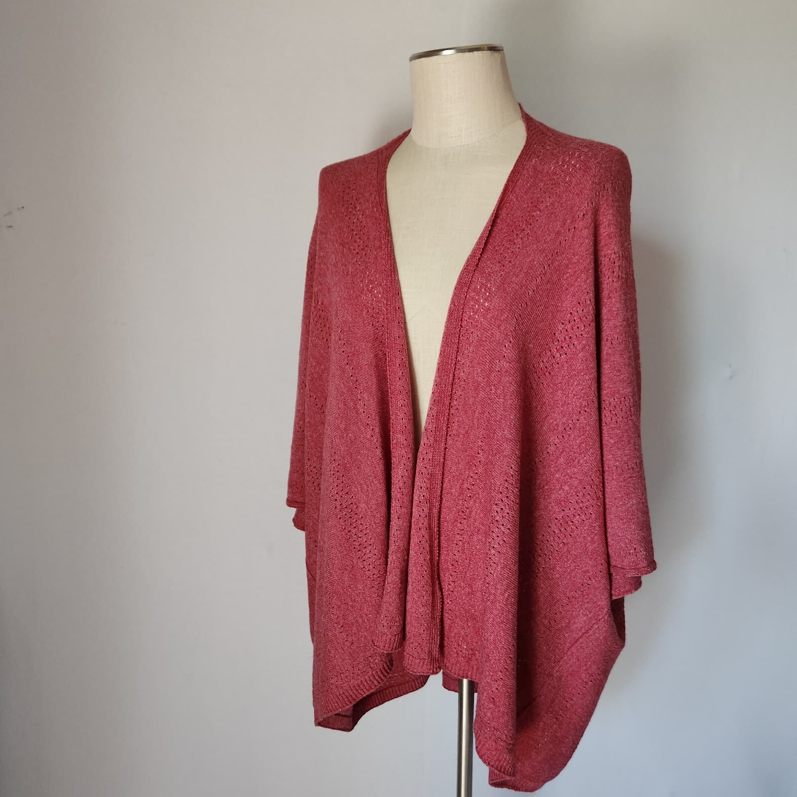 Merinomink New Zealand Duster Draped Cardigan Summer Shrug Magnolia Red Sz.M - Thumbnail 2