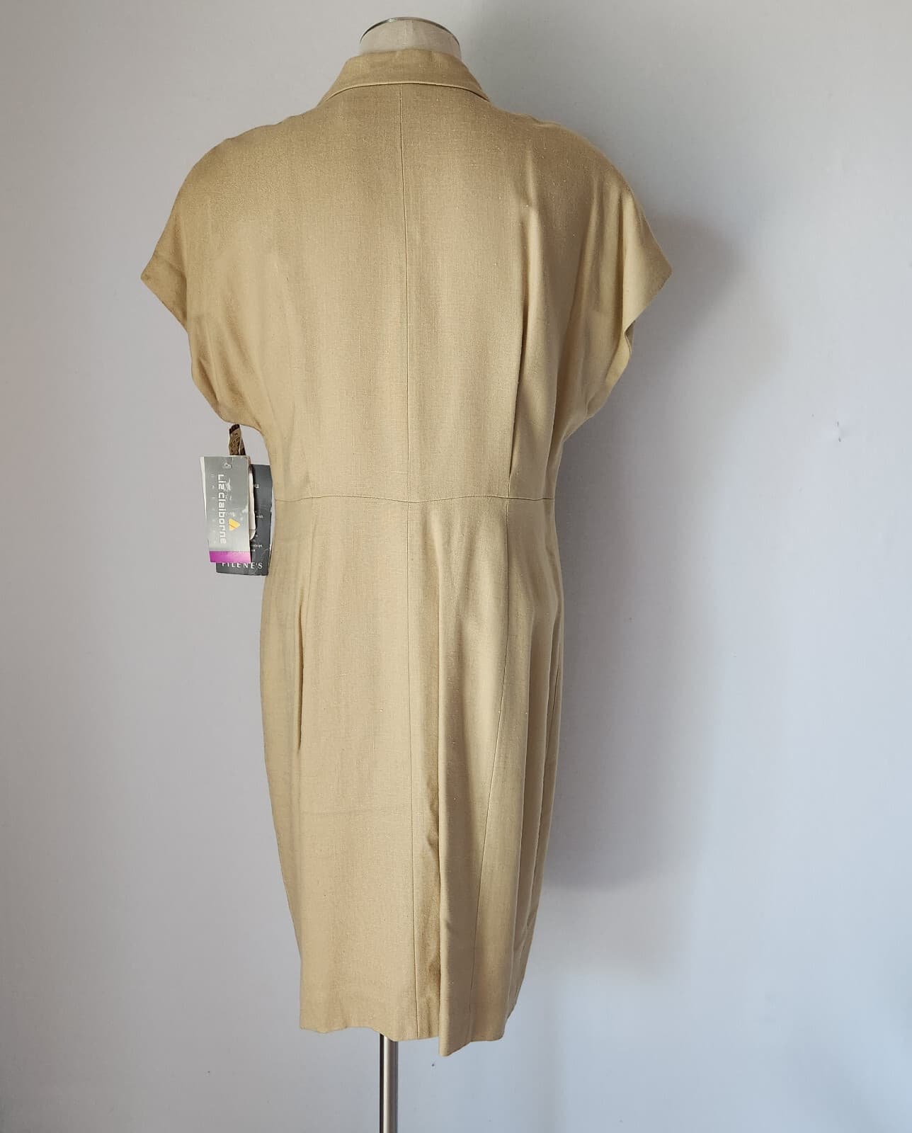 Vintage NWT Liz Claiborne Midi Dress Cap Sleeve Gold-Button Rayon Sand Sz.14 - Thumbnail 6