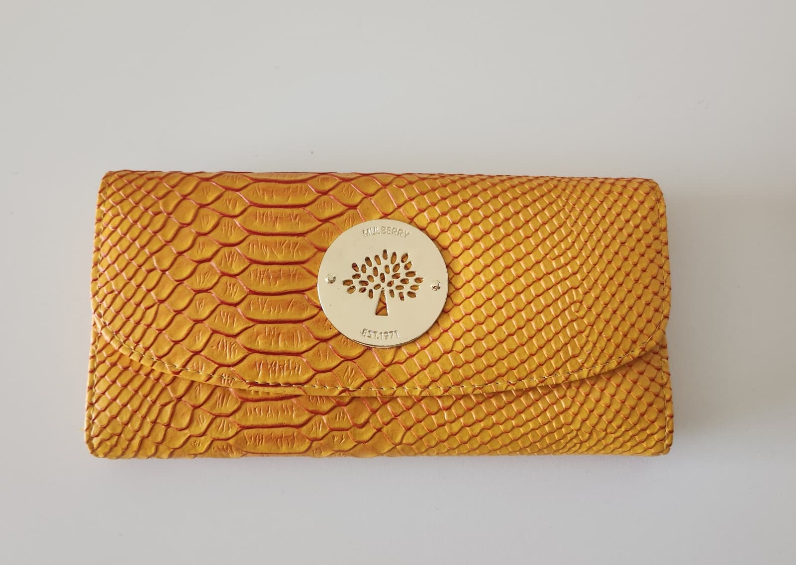 MULBERRY Snake Embossed Leather Continental Wallet Card Slots Magnet Snap Orange