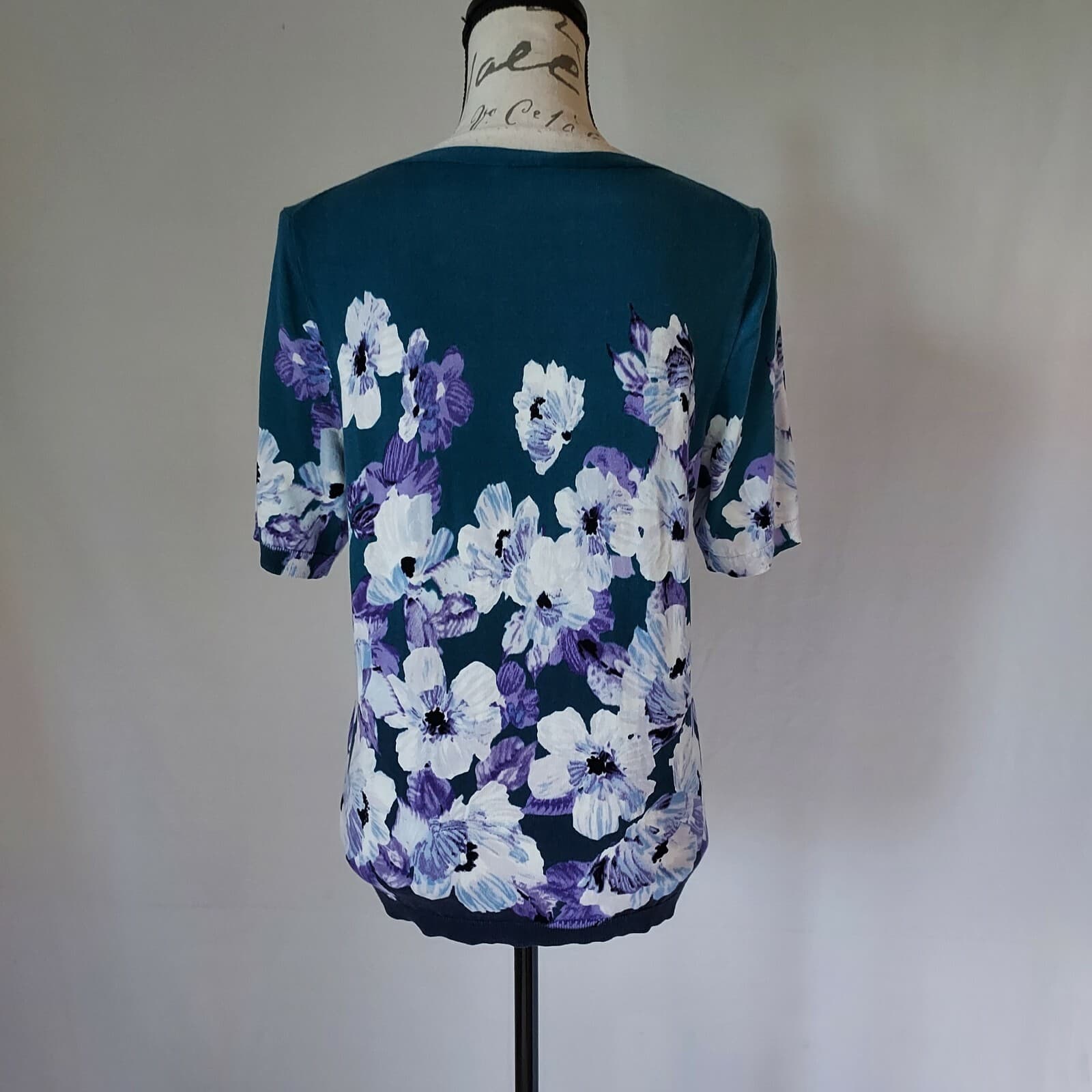 Talbots Knit Top Short Sleeve Crew Neck Floral Green Cotton Rayon Blend Women LP - Thumbnail 4