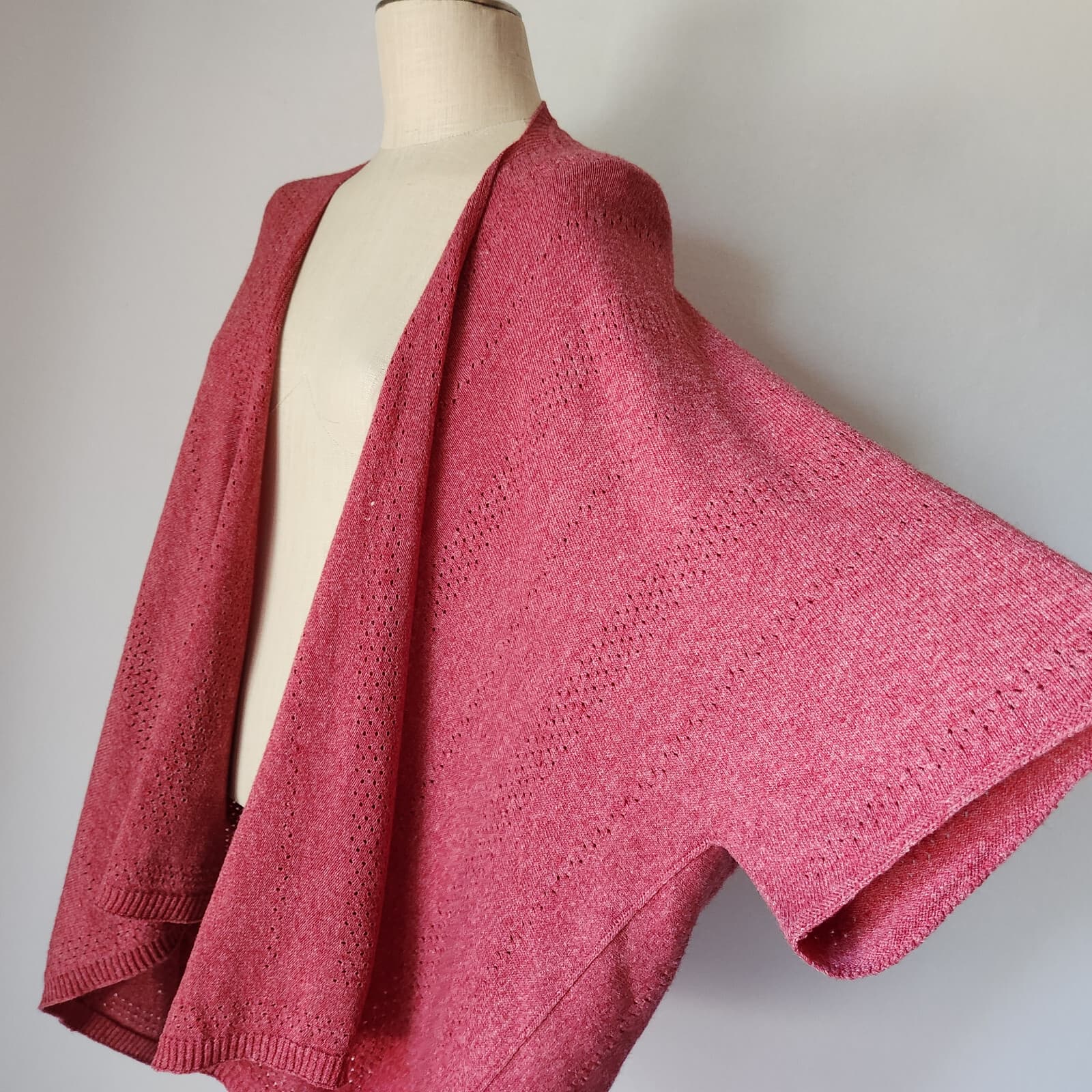 Merinomink New Zealand Duster Draped Cardigan Summer Shrug Magnolia Red Sz.M - Thumbnail 3