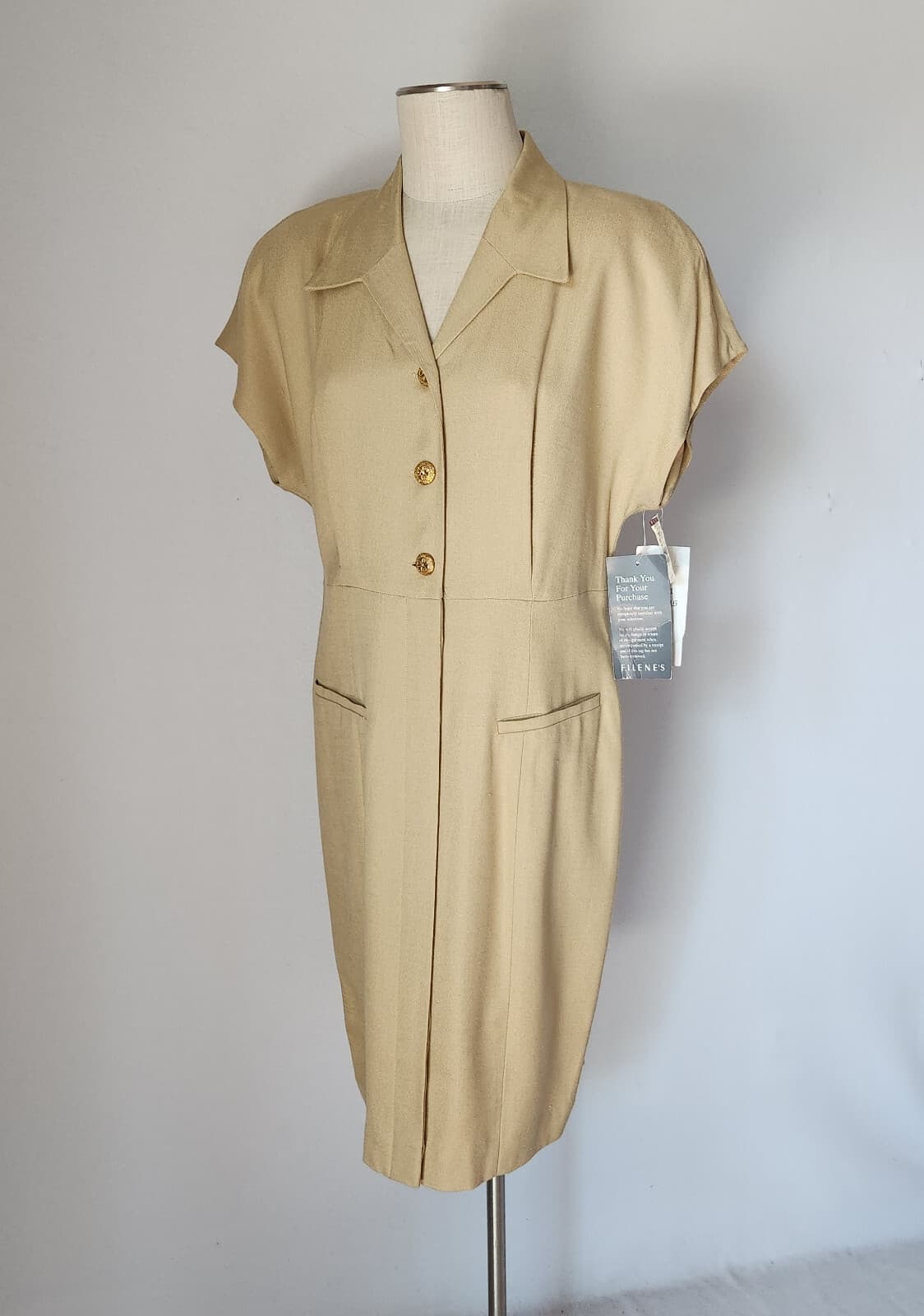 Vintage NWT Liz Claiborne Midi Dress Cap Sleeve Gold-Button Rayon Sand Sz.14 - Thumbnail 2